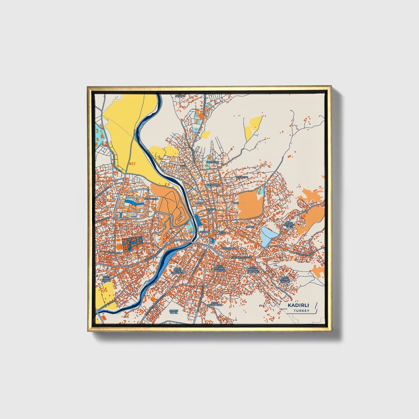 Kadi̇rli̇ Turkey Colorful City Map Canvas Print • Gold Framed