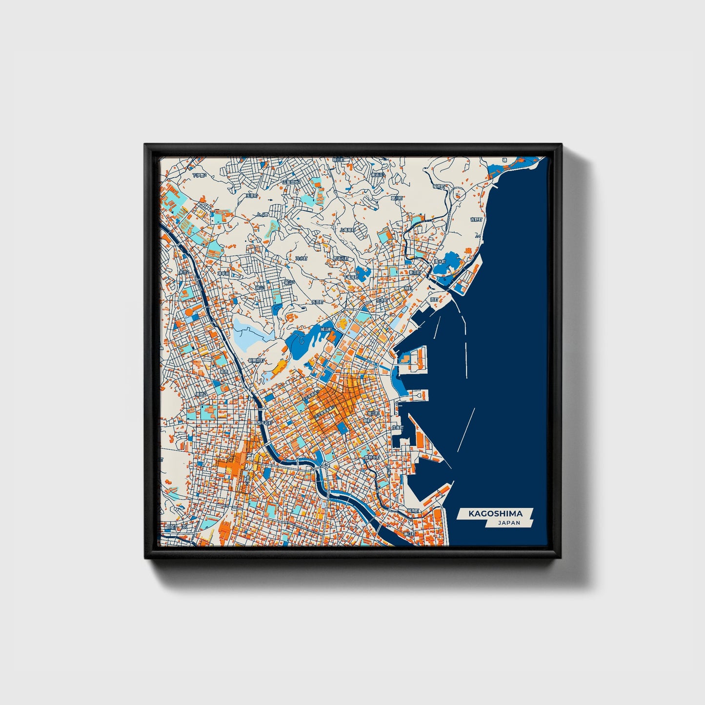 Kagoshima Japan Colorful City Map Canvas Print • Black Framed