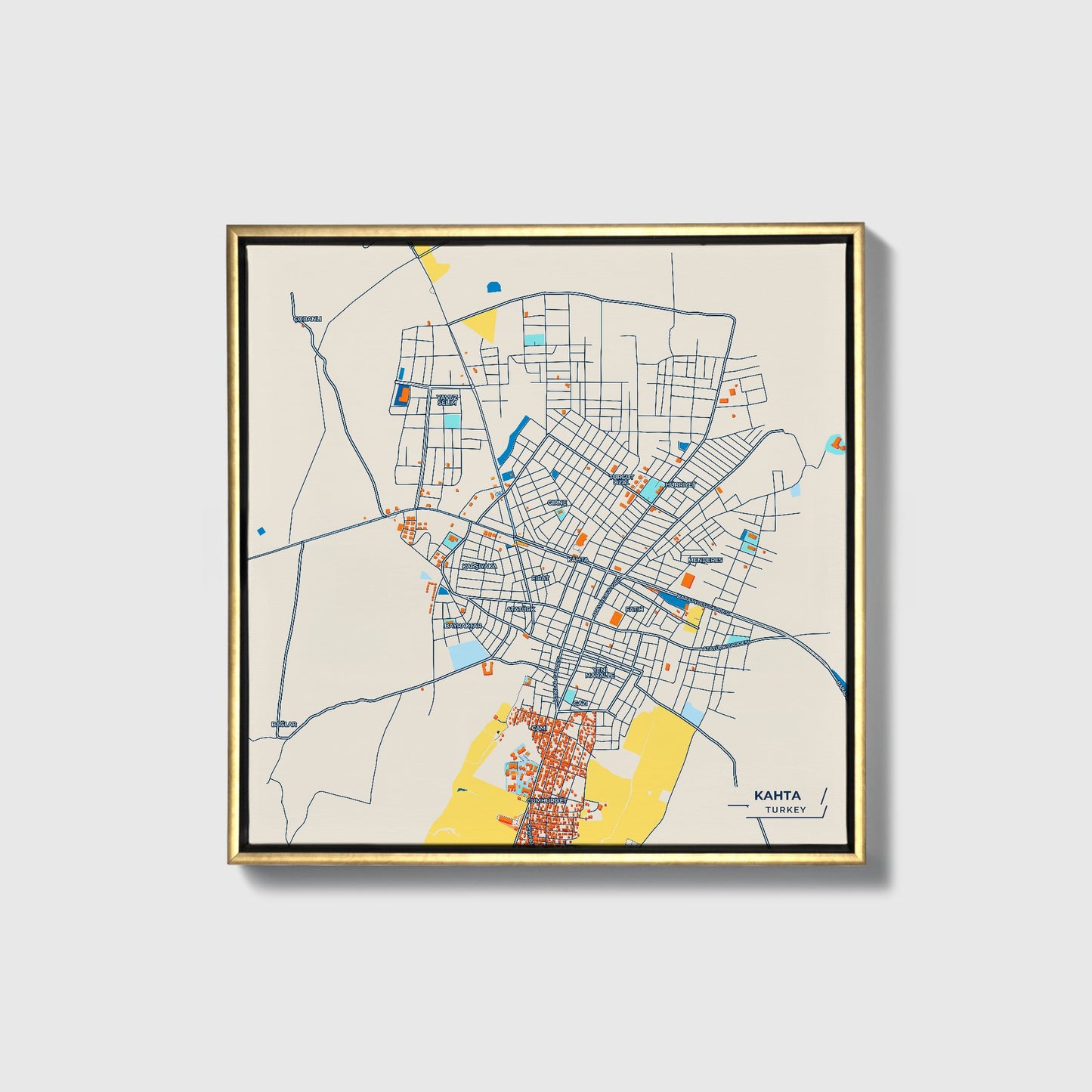 Kahta Turkey Colorful City Map Canvas Print • Gold Framed