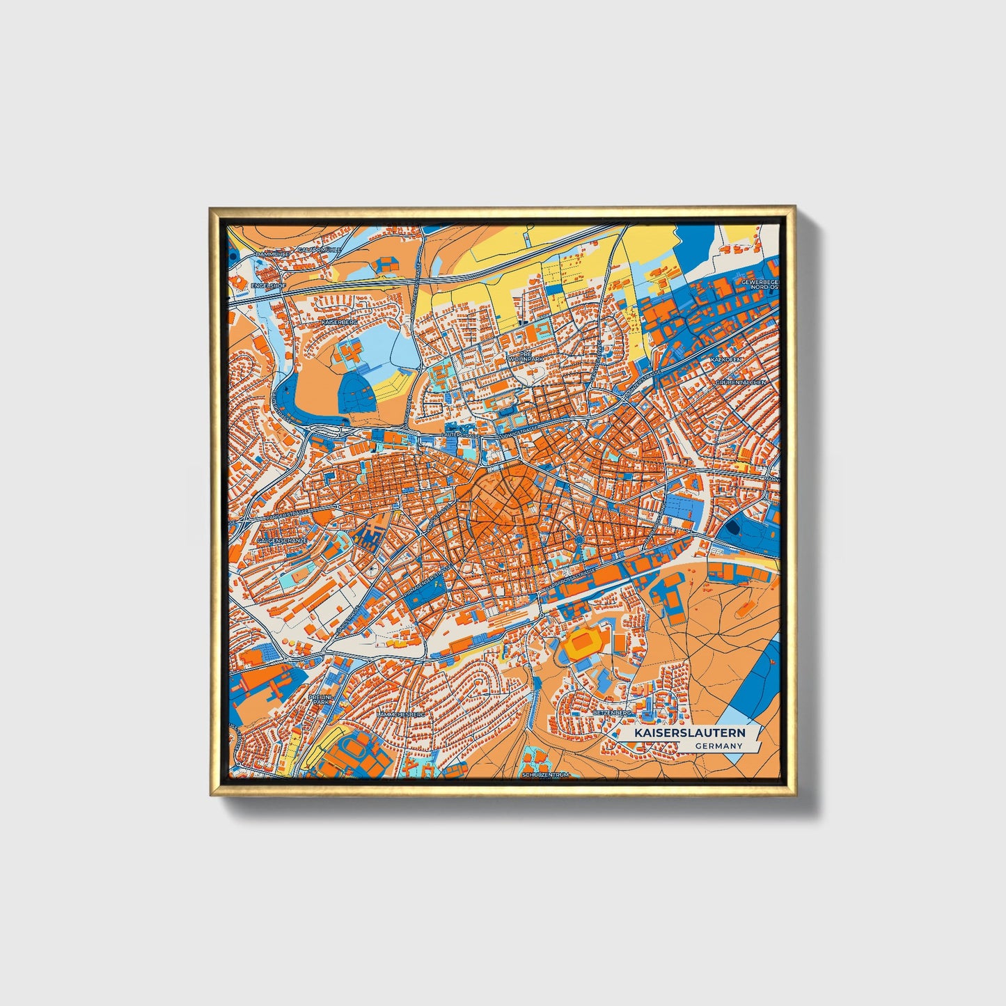 Kaiserslautern Germany Colorful City Map Canvas Print • Gold Framed