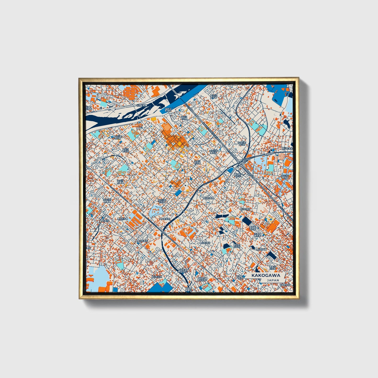 Kakogawa Japan Colorful City Map Canvas Print • Gold Framed