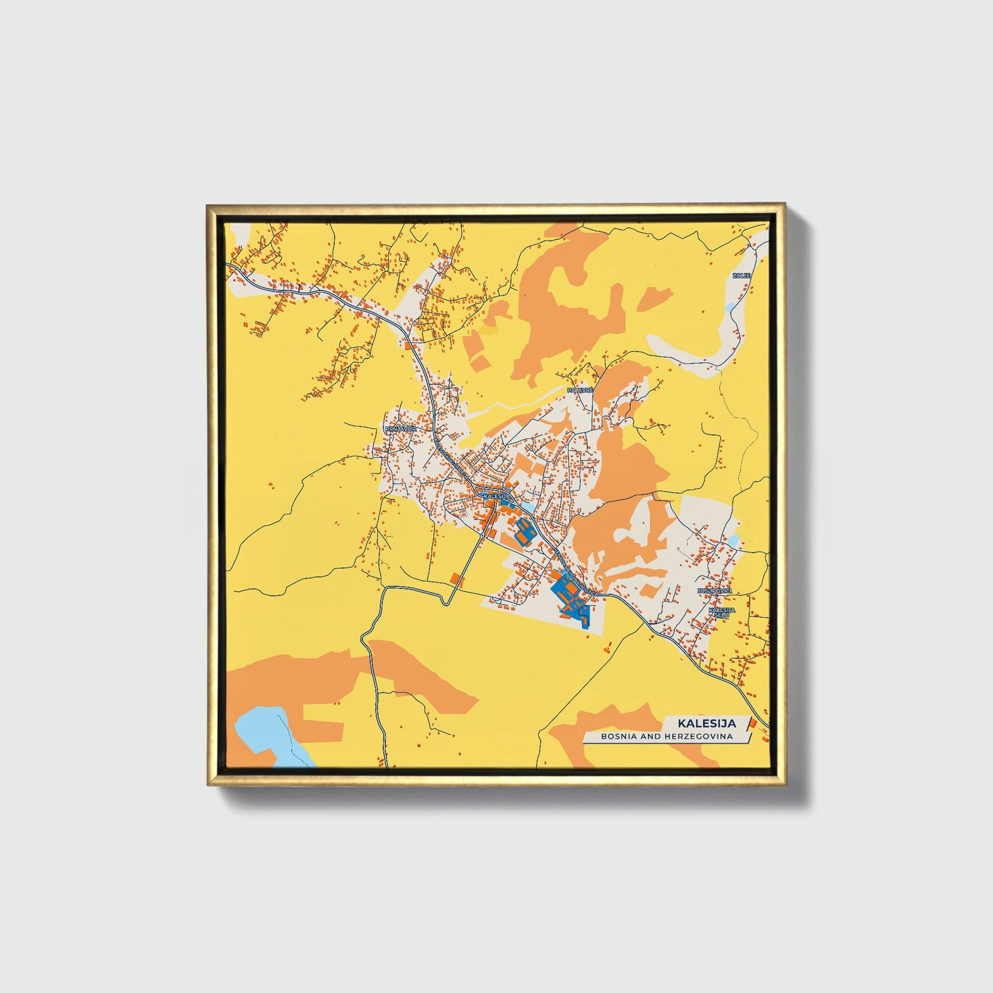 Kalesija Bosnia And Herzegovina Colorful City Map Canvas Print • Gold Framed