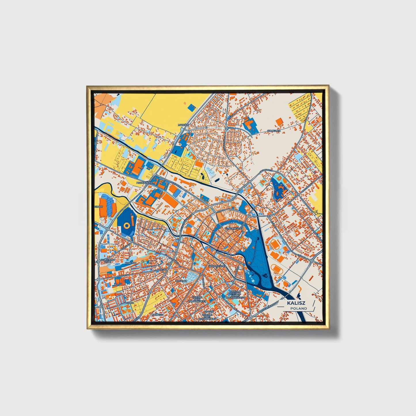 Kalisz Poland Colorful City Map Canvas Print • Gold Framed