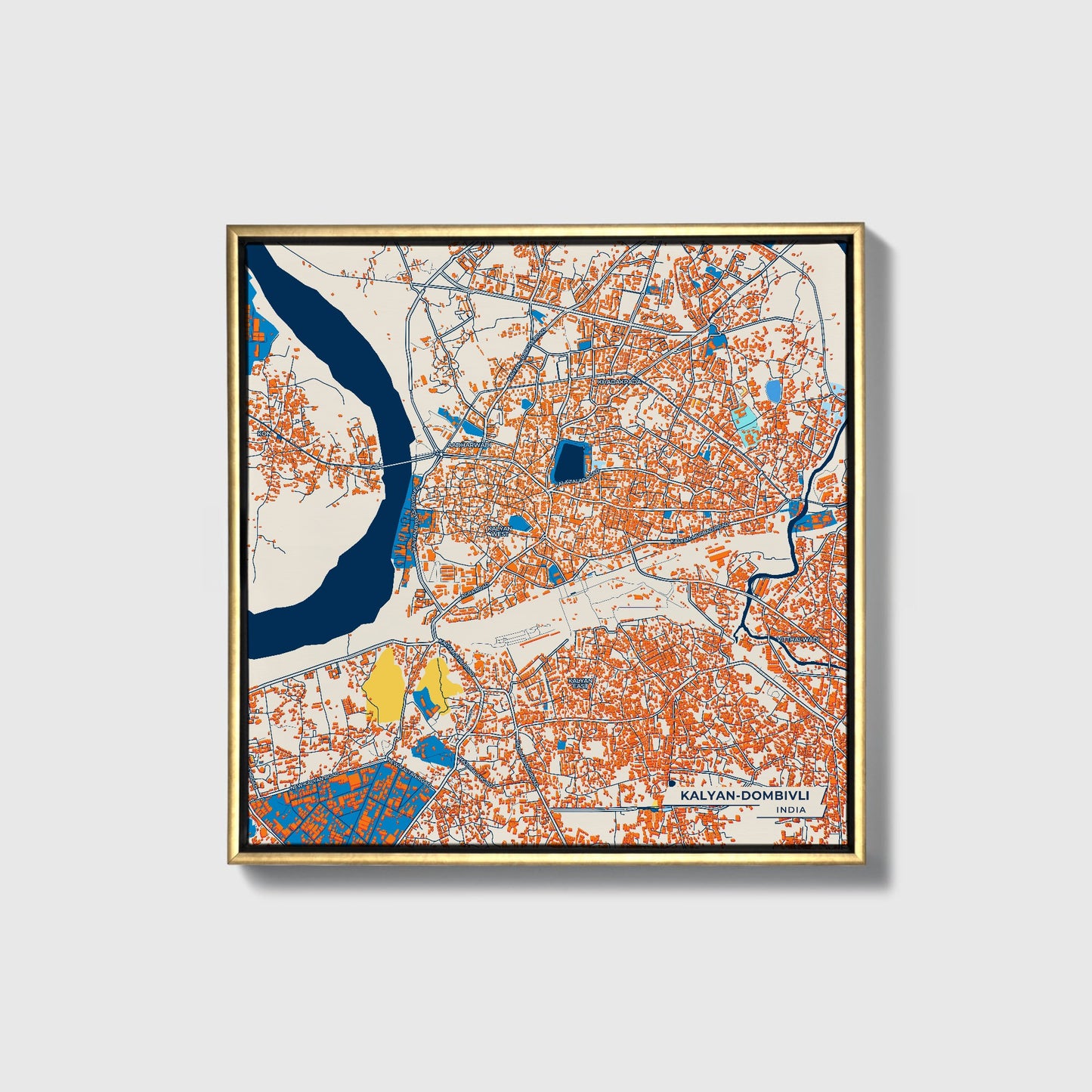 Kalyan-Dombivli India Colorful City Map Canvas Print • Gold Framed