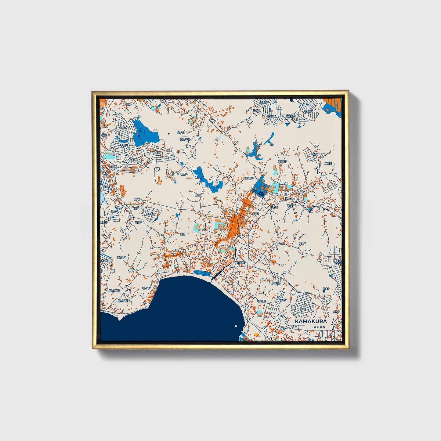 Kamakura Japan Colorful City Map Canvas Print • Gold Framed