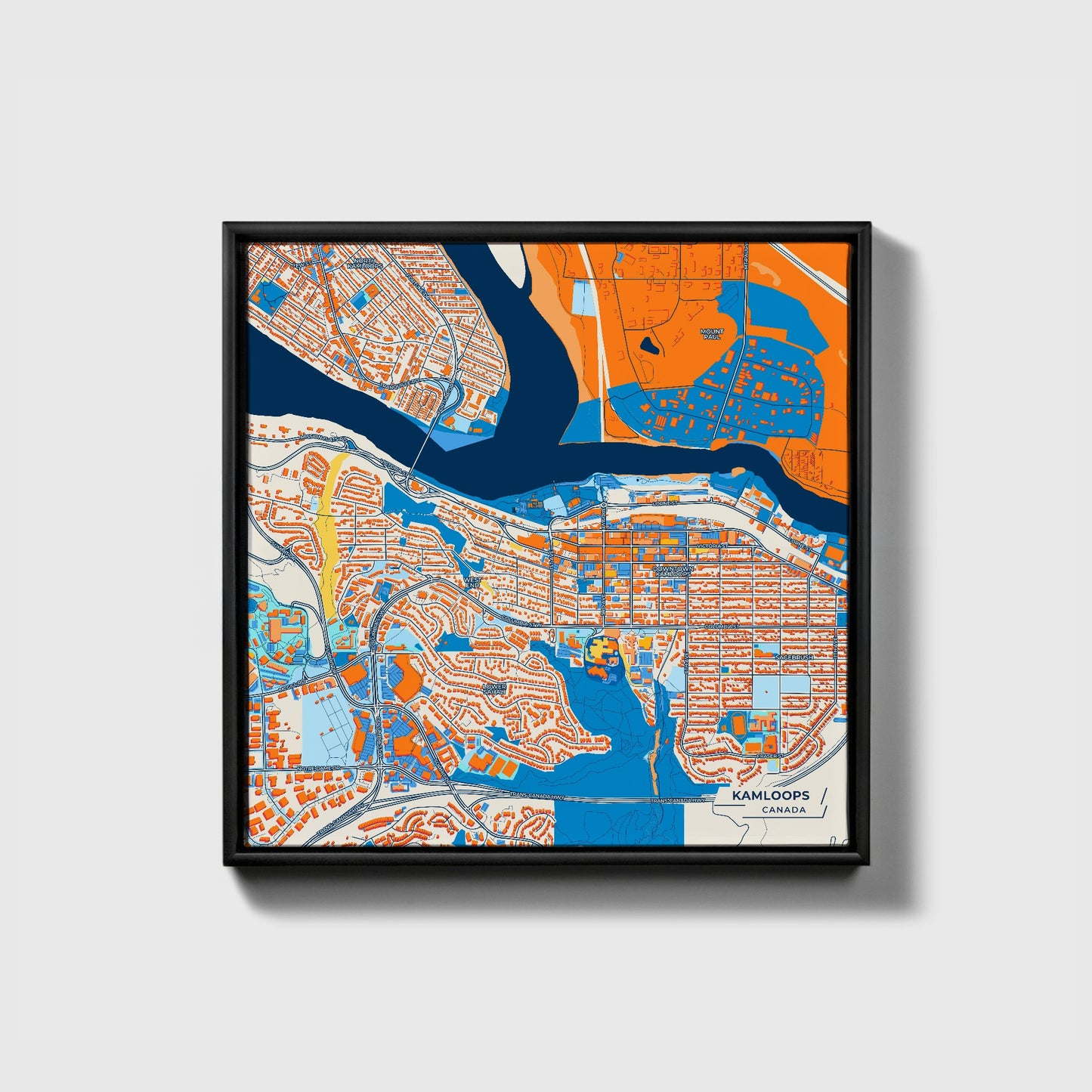Kamloops Canada Colorful City Map Canvas Print • Black Framed