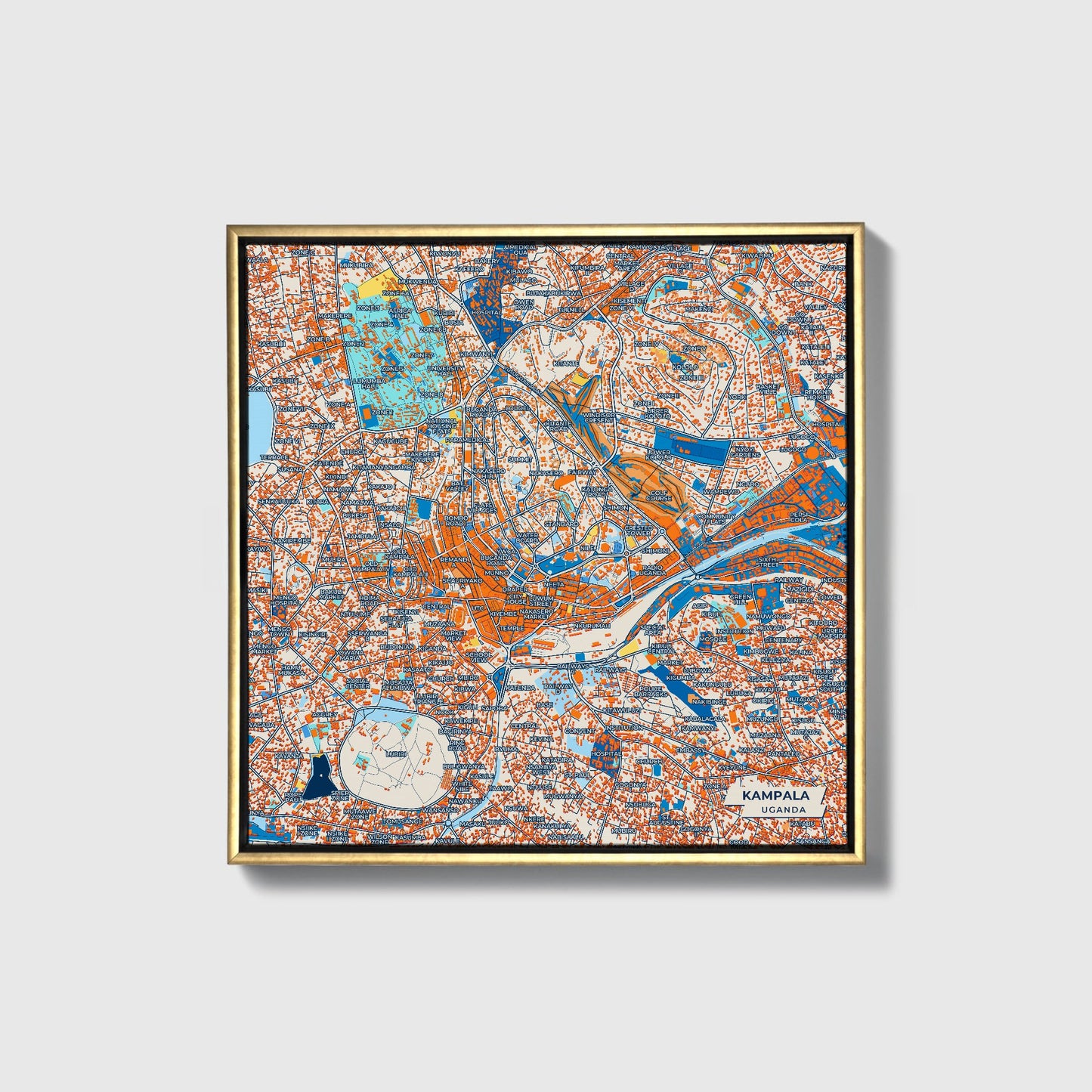 Kampala Uganda Colorful City Map Canvas Print • Gold Framed