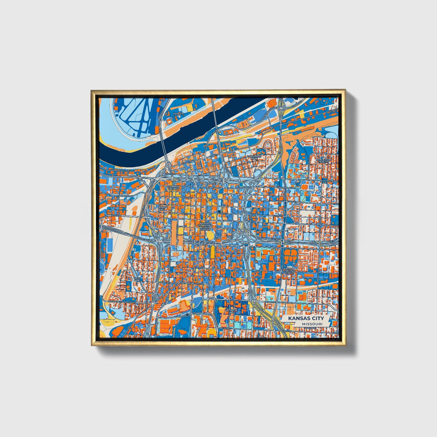 Kansas City Missouri Colorful City Map Canvas Print • Gold Framed
