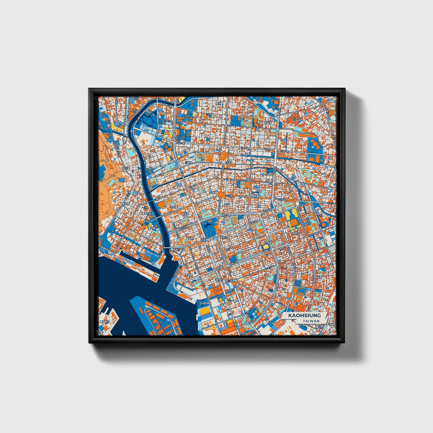 Kaohsiung Taiwan Colorful City Map Canvas Print • Black Framed