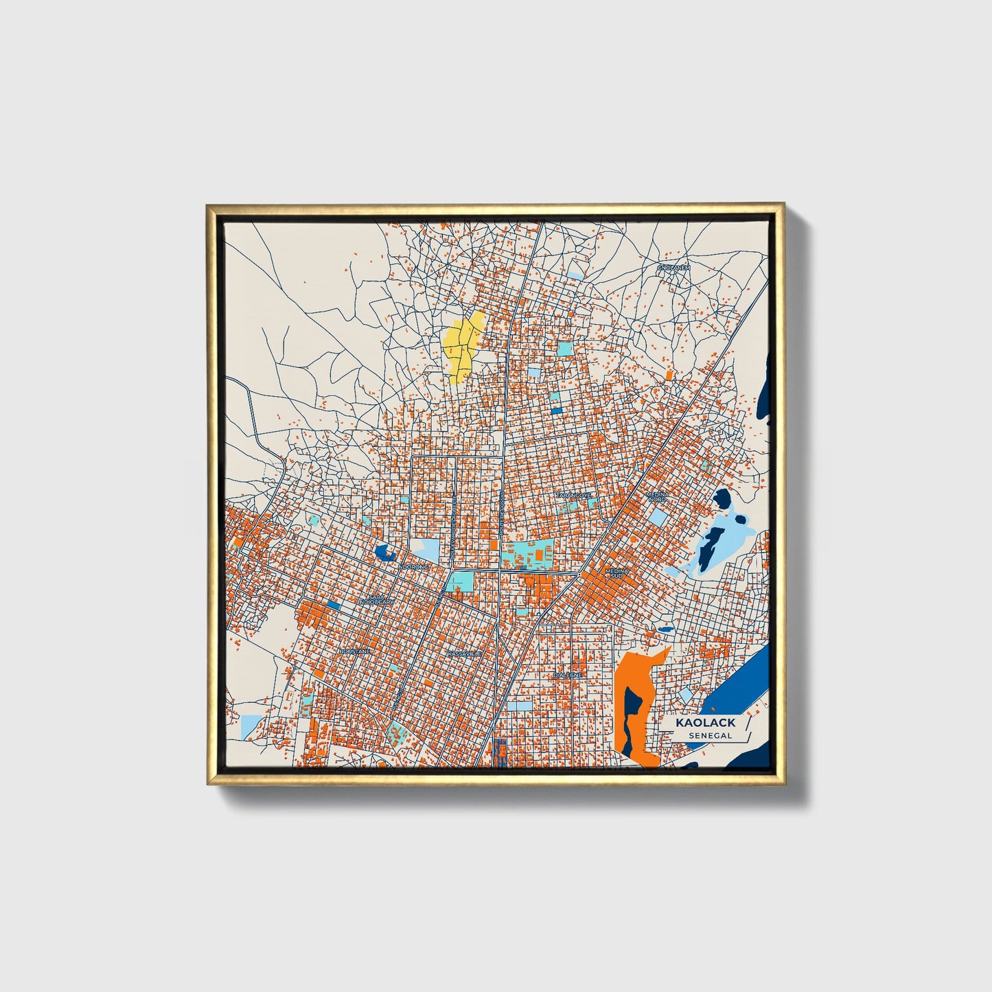 Kaolack Senegal Colorful City Map Canvas Print • Gold Framed