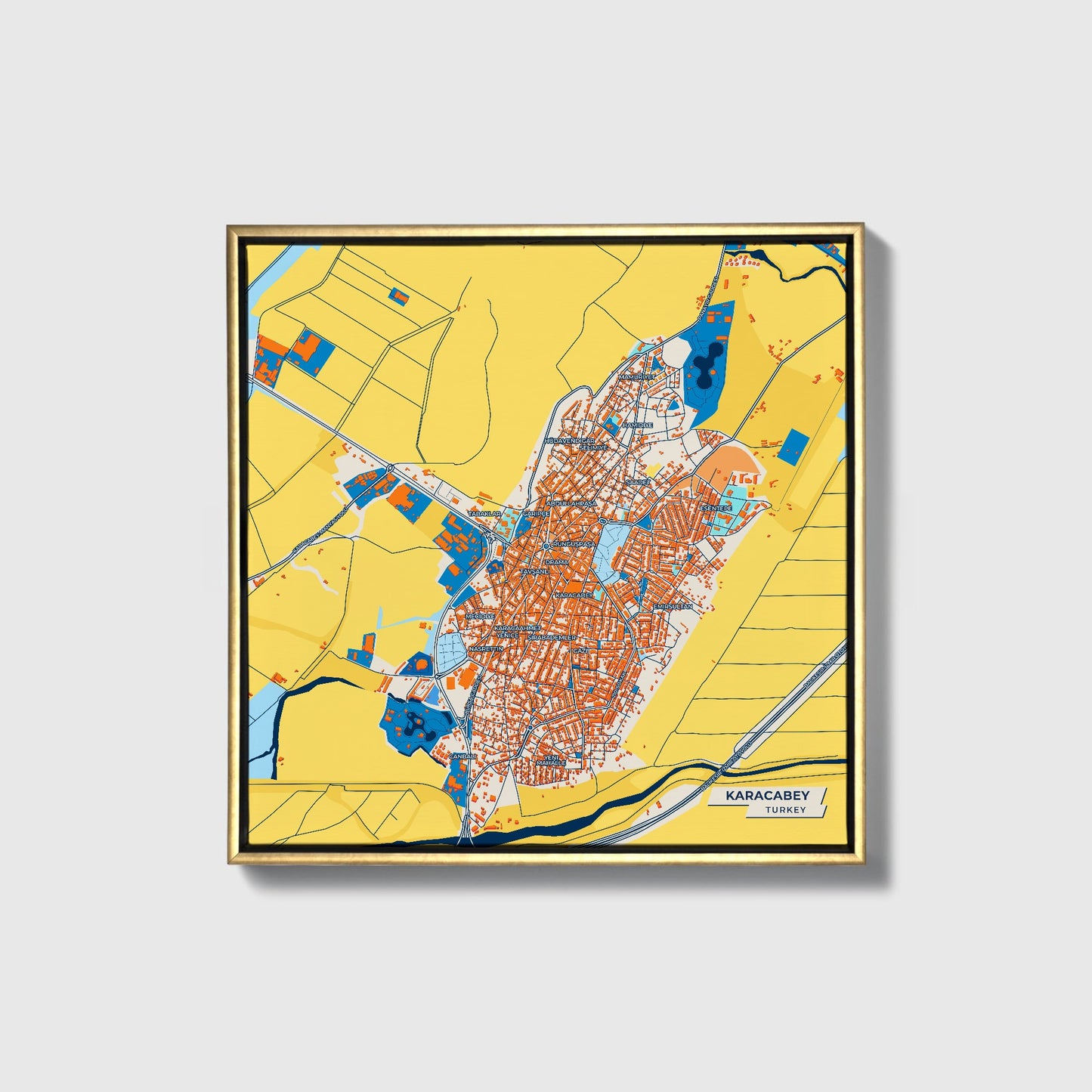 Karacabey Turkey Colorful City Map Canvas Print • Gold Framed