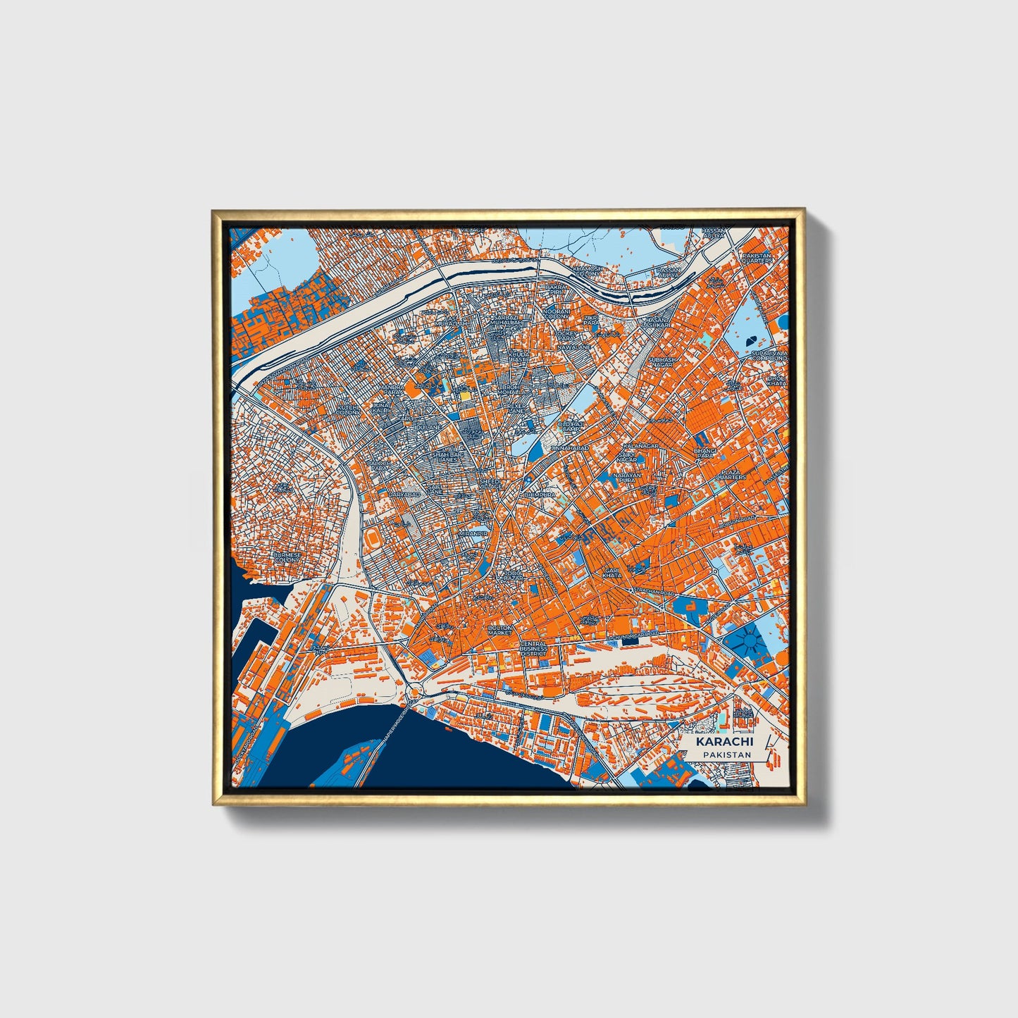 Karachi Pakistan Colorful City Map Canvas Print • Gold Framed