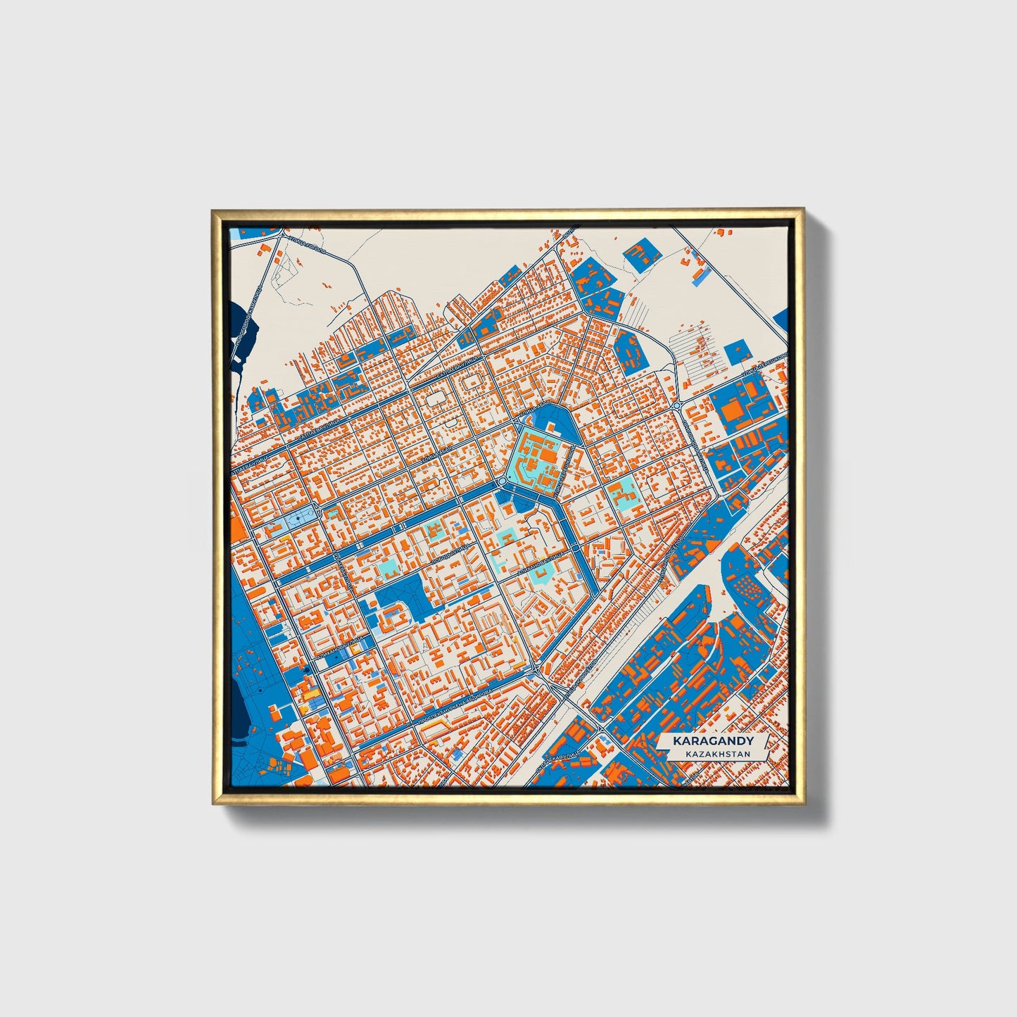 Karagandy Kazakhstan Colorful City Map Canvas Print • Gold Framed