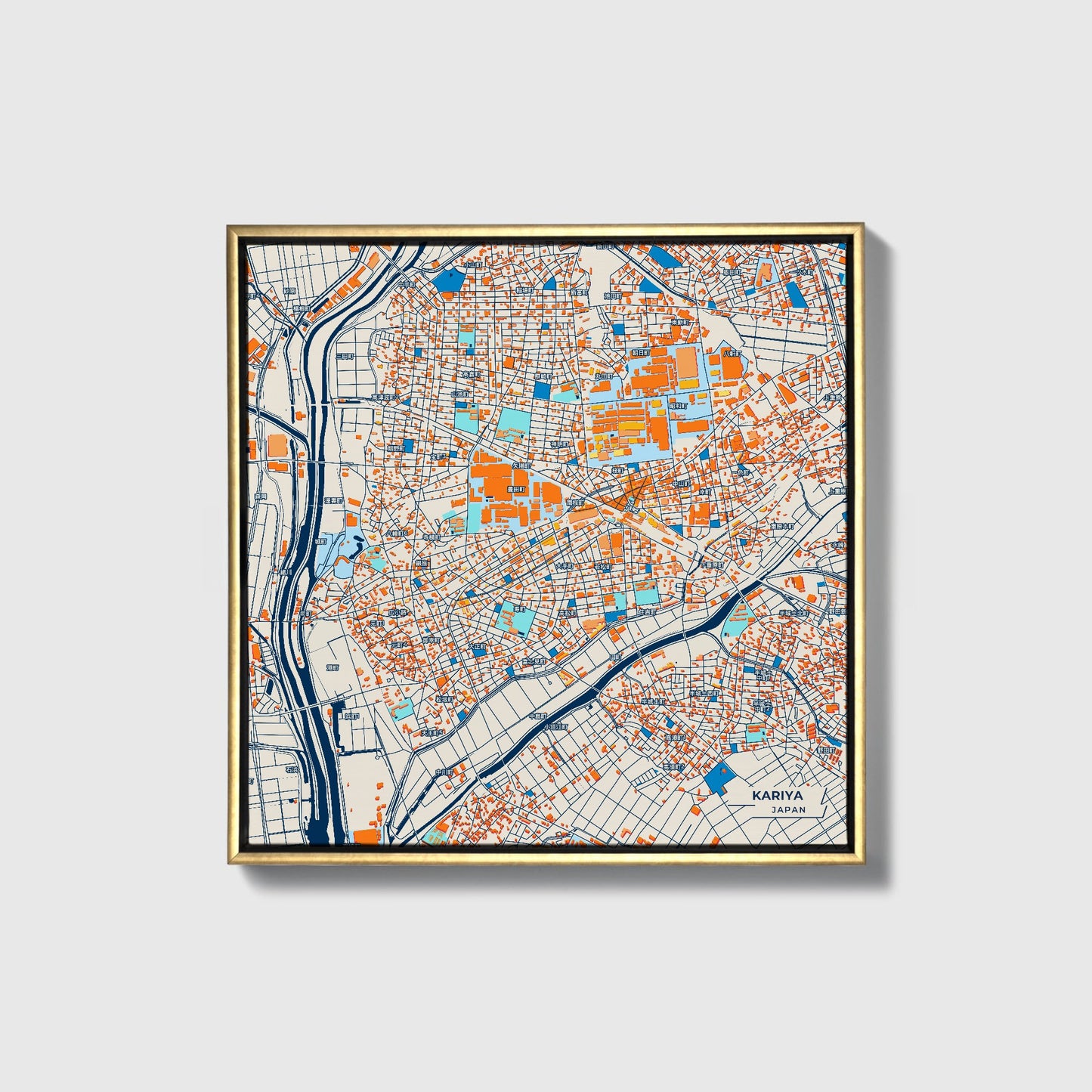 Kariya Japan Colorful City Map Canvas Print • Gold Framed