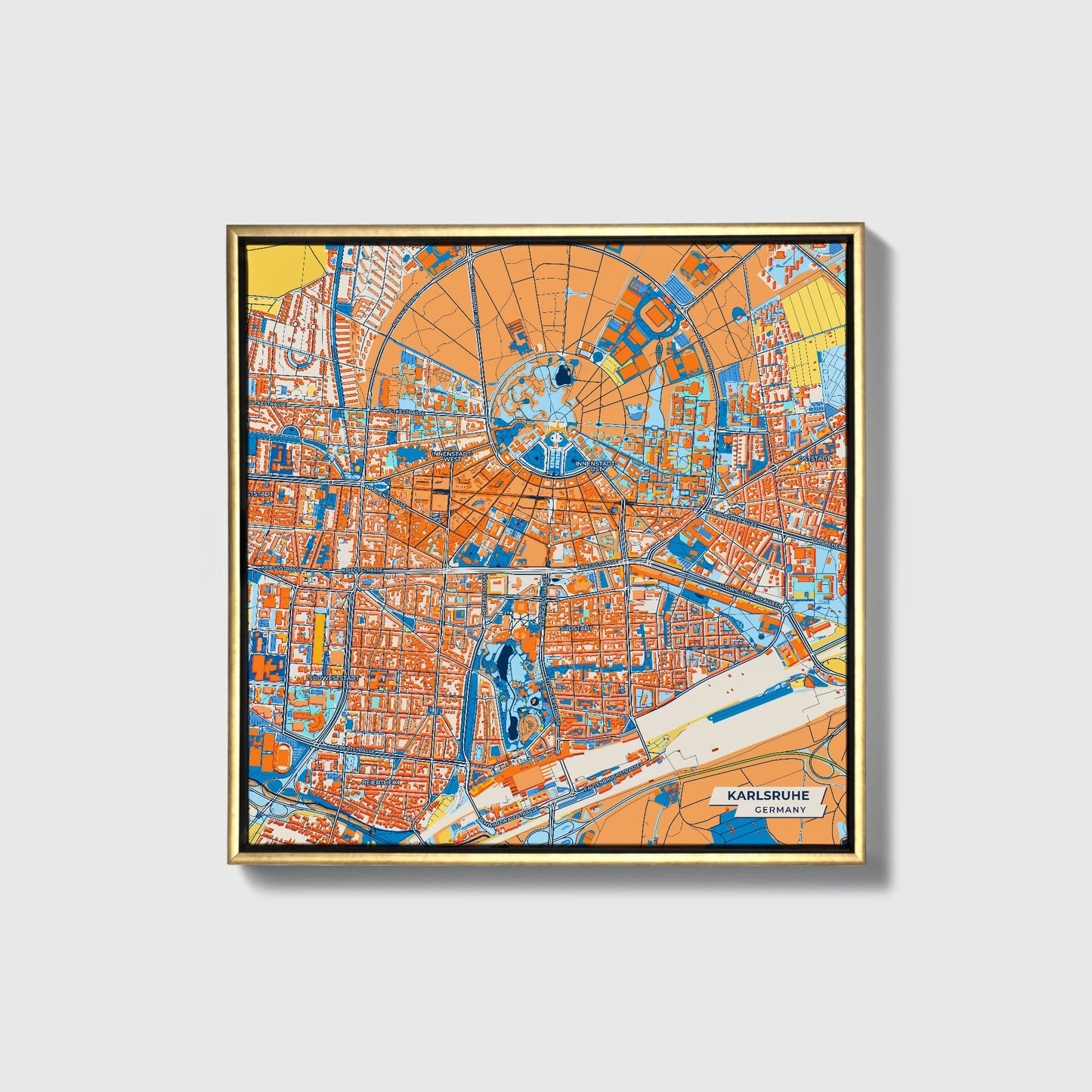 Karlsruhe Germany Colorful City Map Canvas Print • Gold Framed