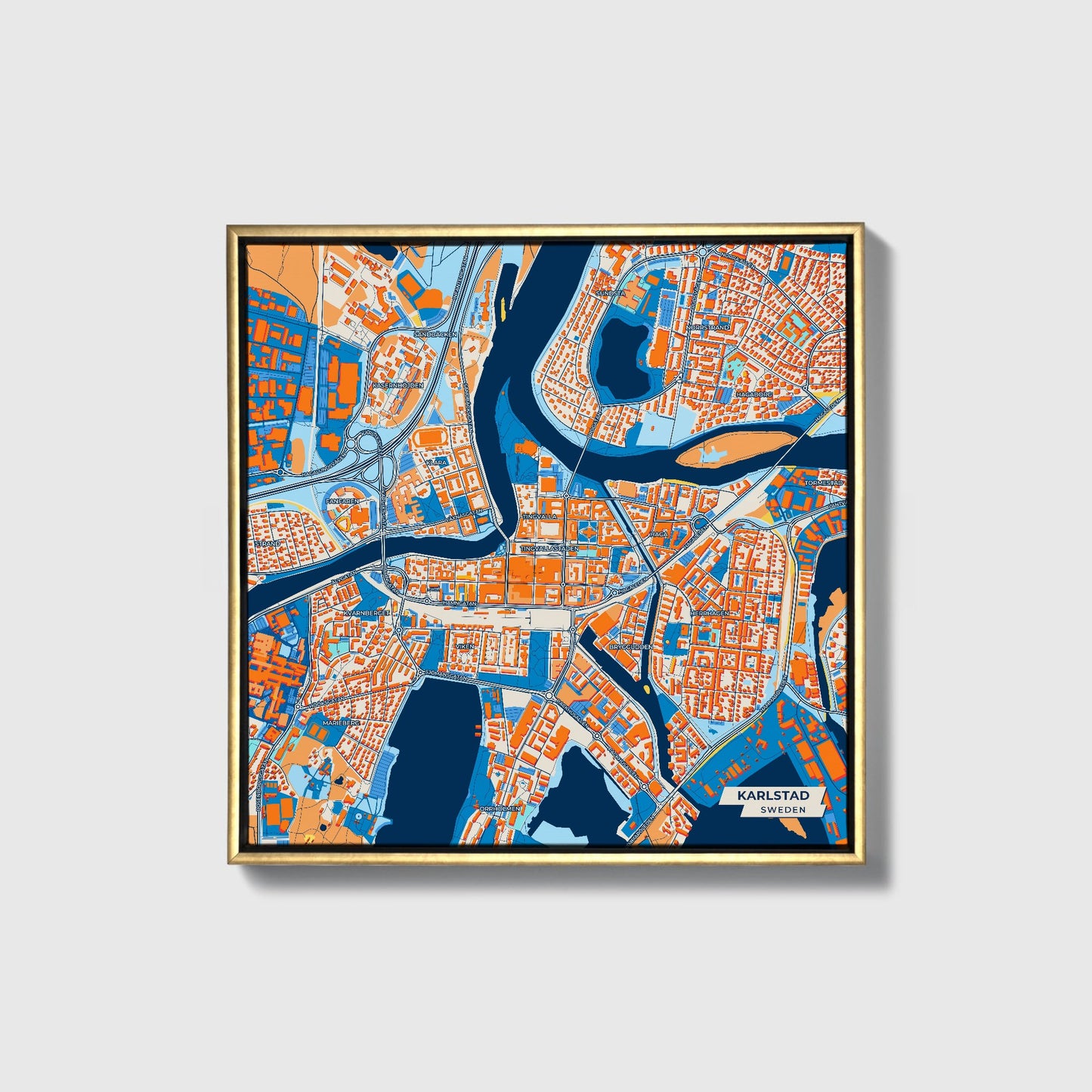 Karlstad Sweden Colorful City Map Canvas Print • Gold Framed