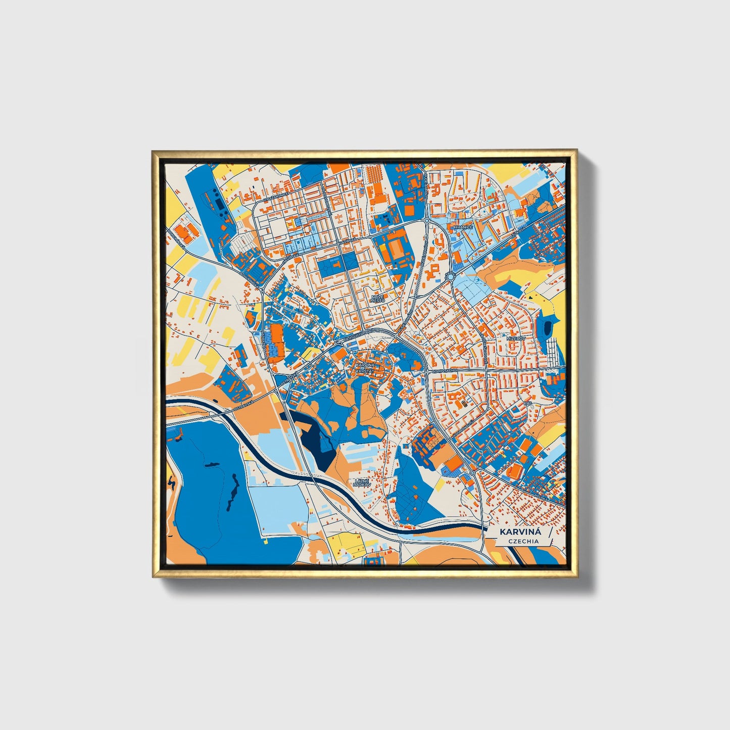Karviná Czechia Colorful City Map Canvas Print • Gold Framed