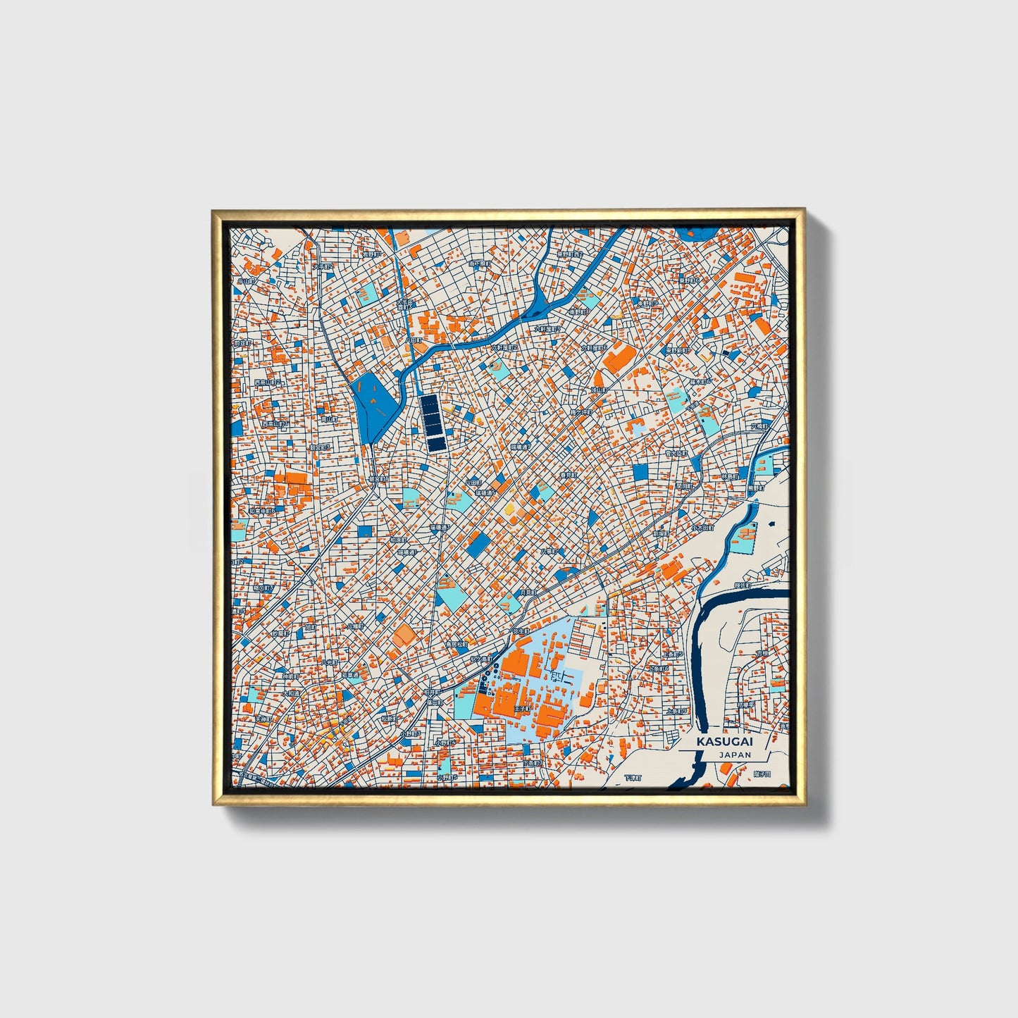 Kasugai Japan Colorful City Map Canvas Print • Gold Framed