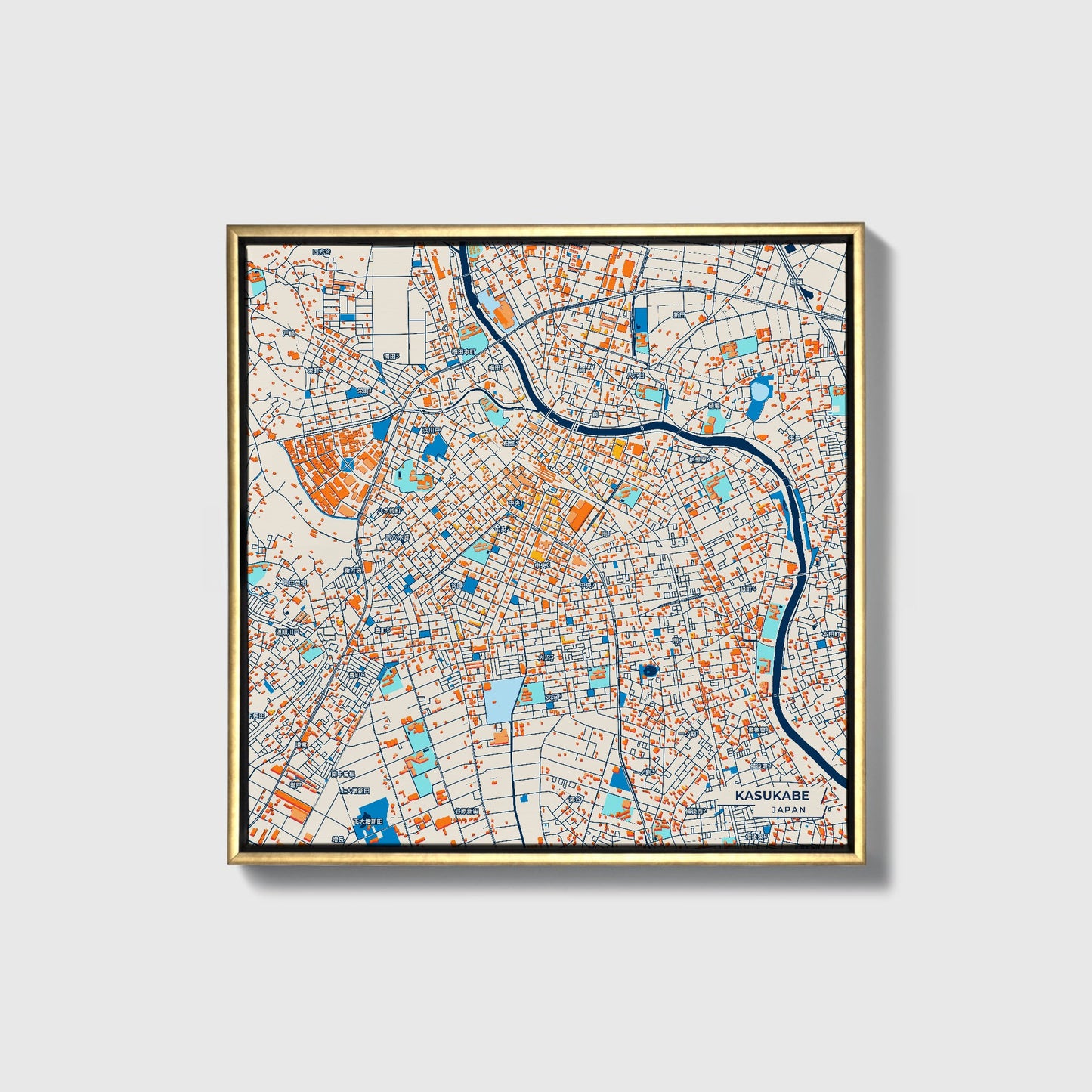 Kasukabe Japan Colorful City Map Canvas Print • Gold Framed