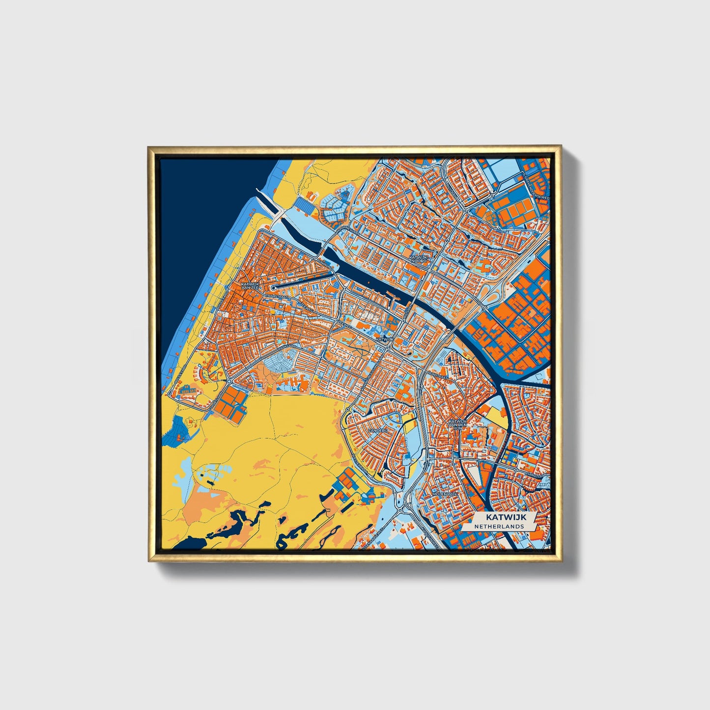 Katwijk Netherlands Colorful City Map Canvas Print • Gold Framed