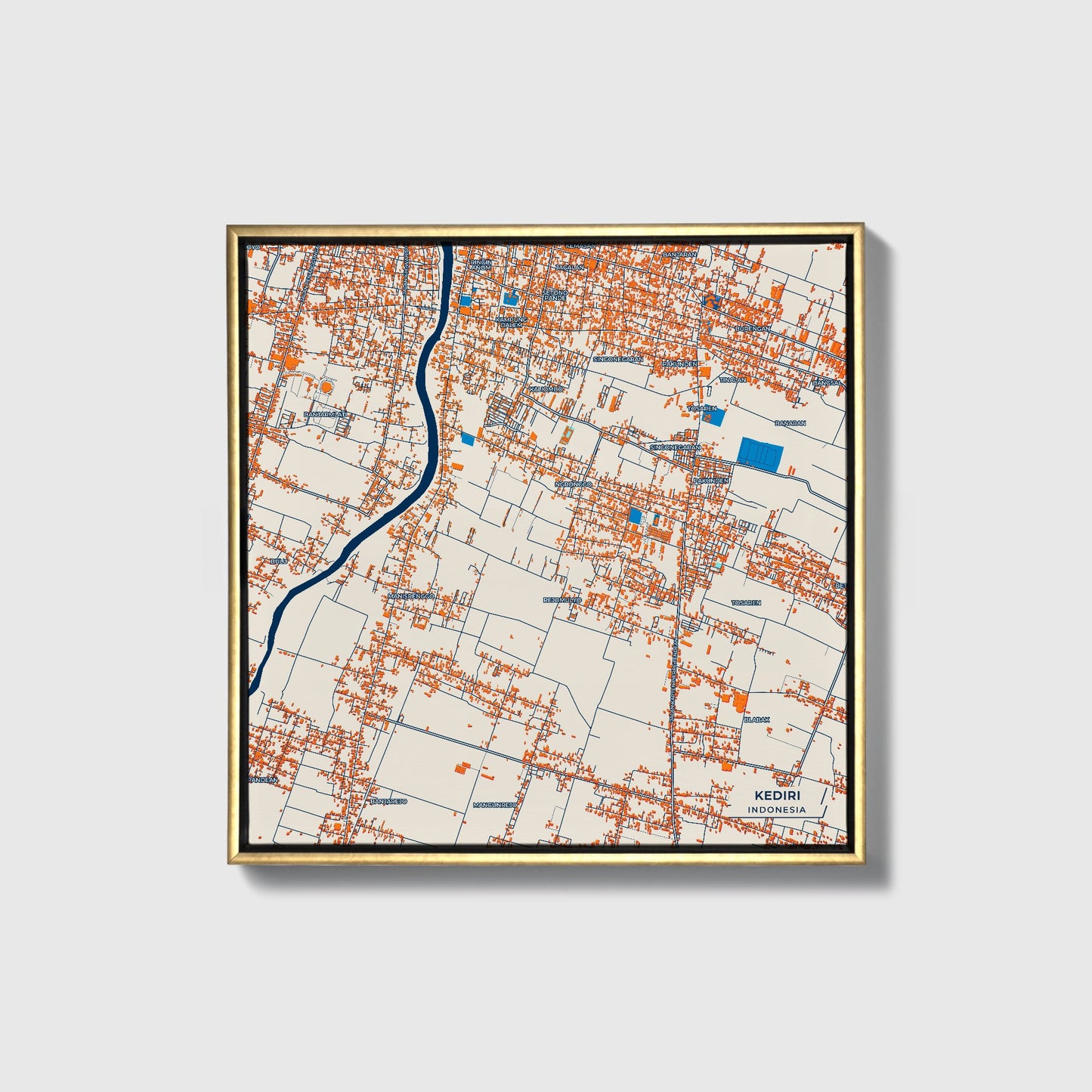 Kediri Indonesia Colorful City Map Canvas Print • Gold Framed