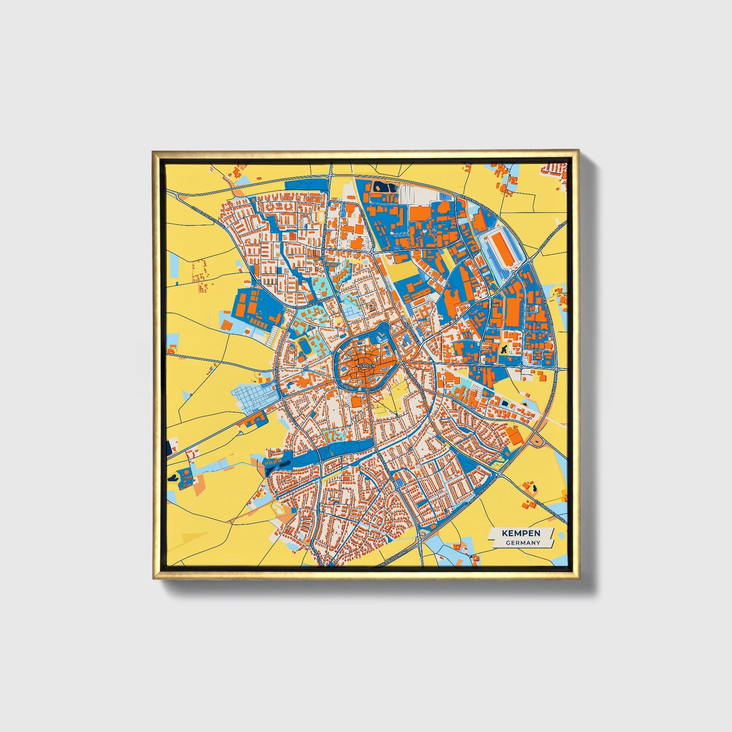 Kempen Germany Colorful City Map Canvas Print • Gold Framed