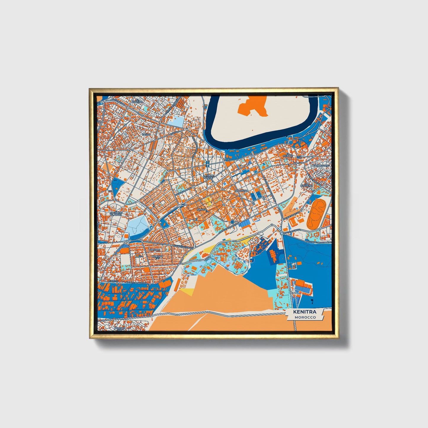 Kenitra Morocco Colorful City Map Canvas Print • Gold Framed