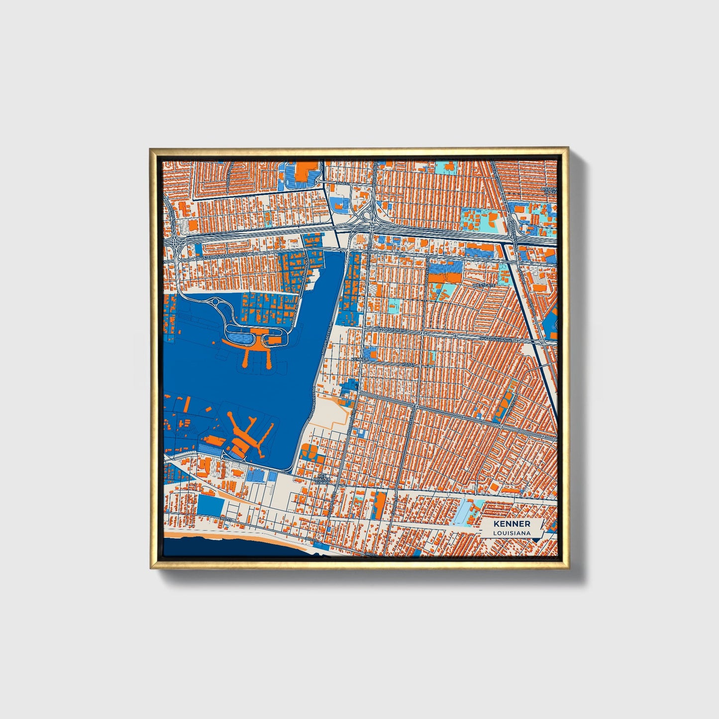 Kenner Louisiana Colorful City Map Canvas Print • Gold Framed
