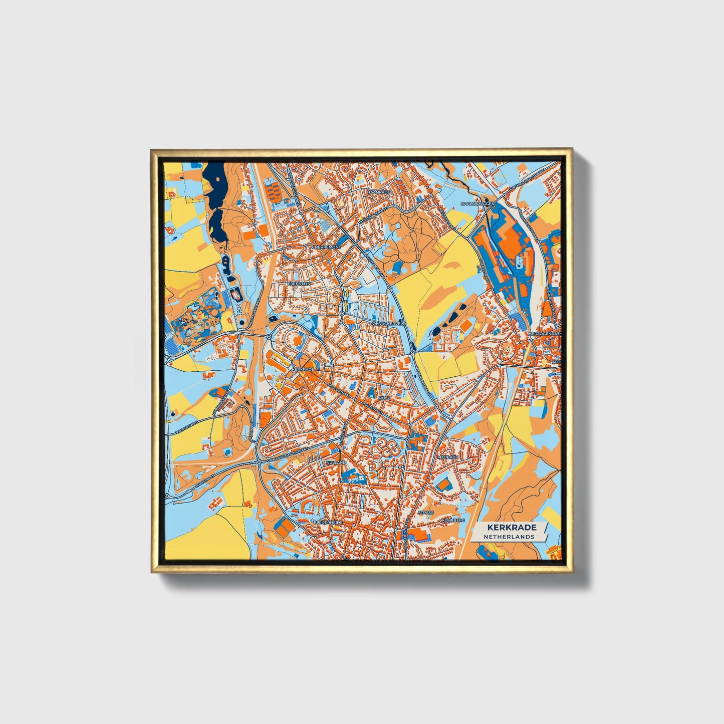 Kerkrade Netherlands Colorful City Map Canvas Print • Gold Framed