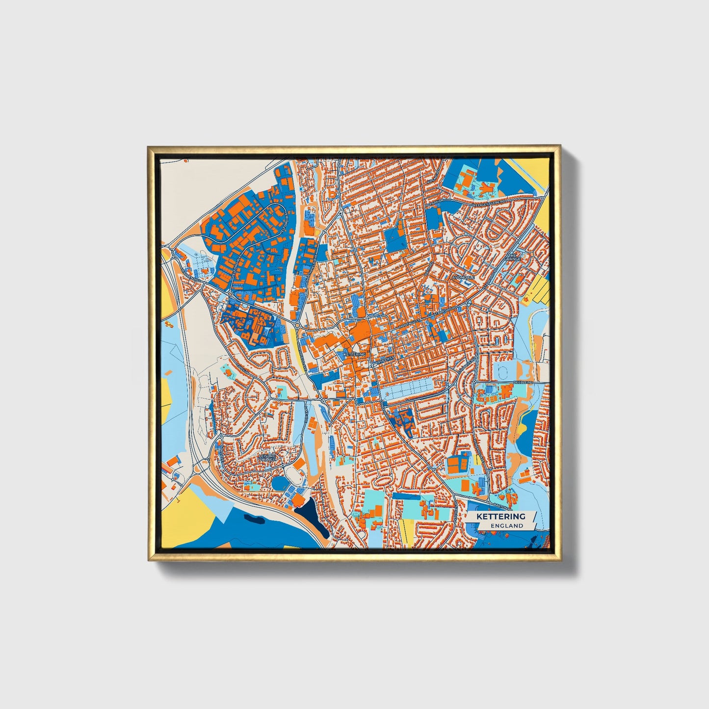 Kettering England Colorful City Map Canvas Print • Gold Framed