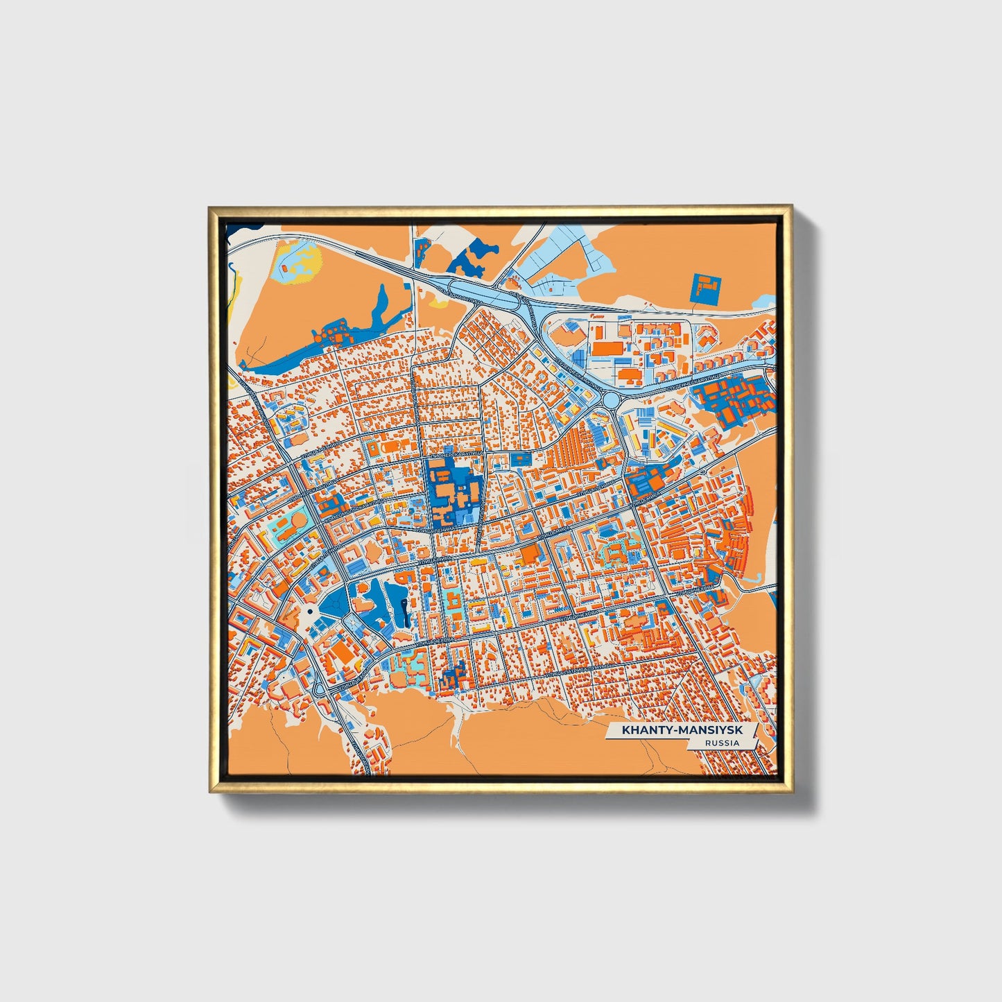 Ханты-Мансийский Russia Colorful City Map Canvas Print • Gold Framed