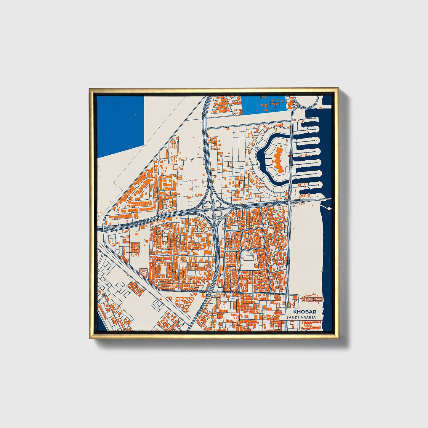 Khobar Saudi Arabia Colorful City Map Canvas Print • Gold Framed