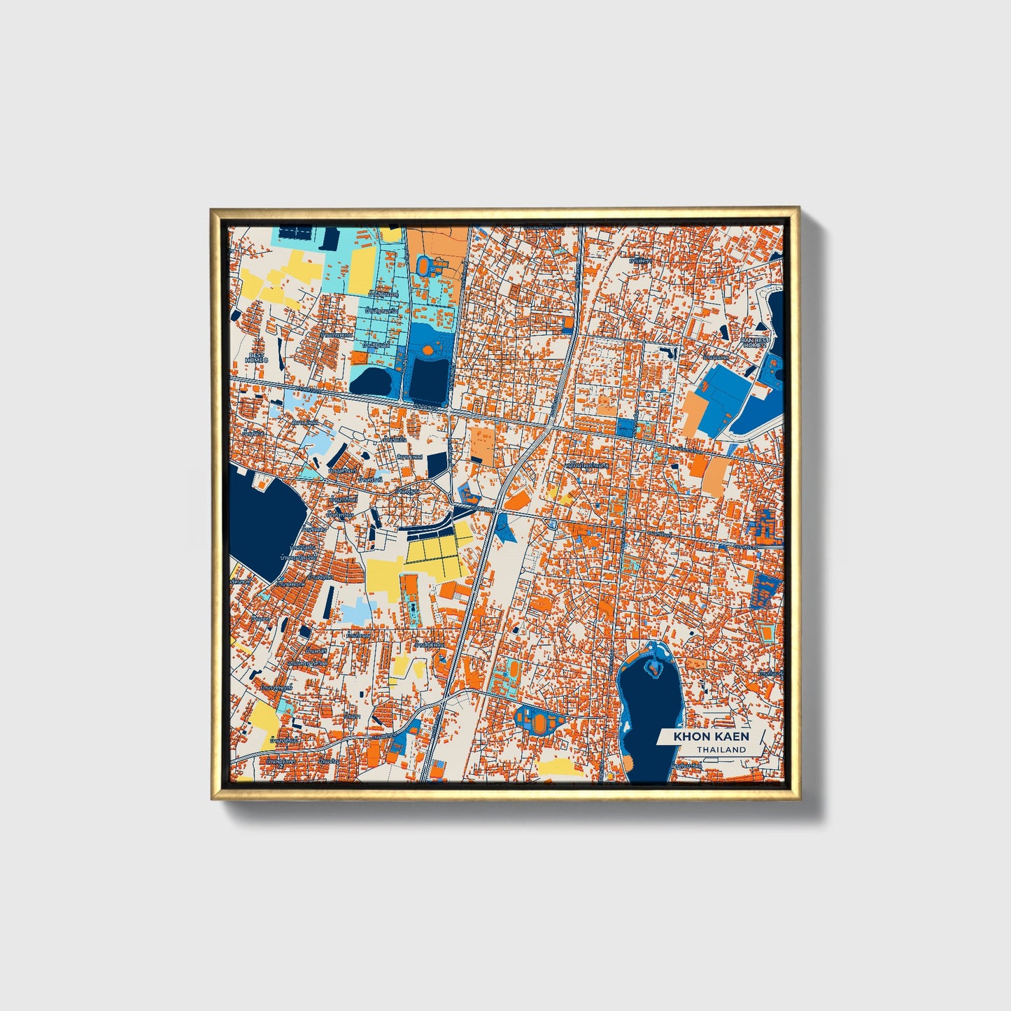Khon Kaen Thailand Colorful City Map Canvas Print • Gold Framed