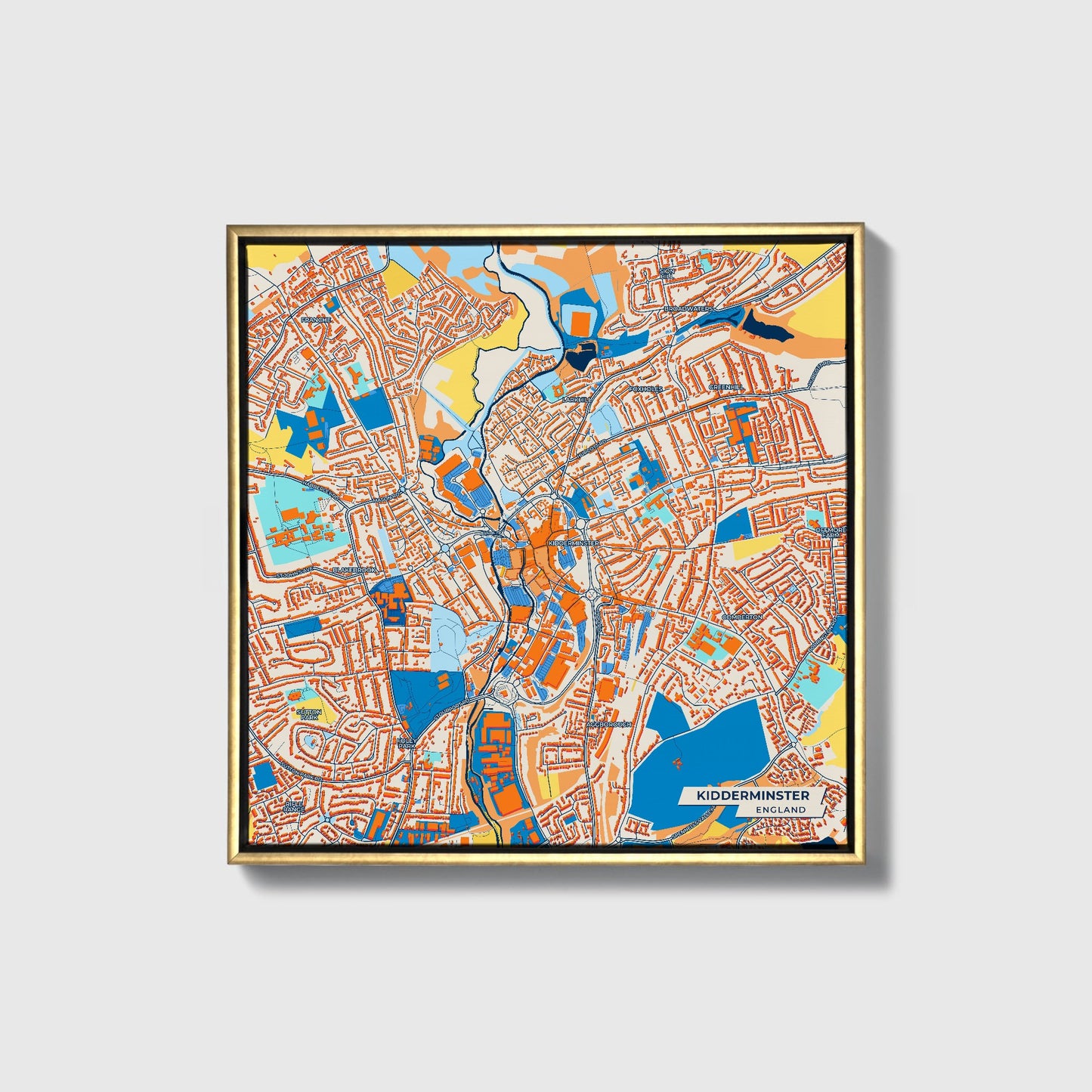 Kidderminster England Colorful City Map Canvas Print • Gold Framed