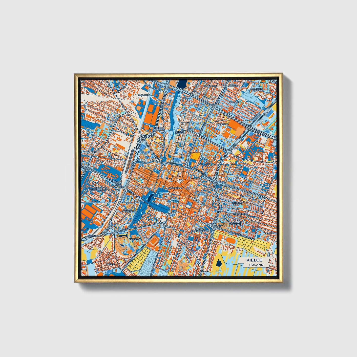 Kielce Poland Colorful City Map Canvas Print • Gold Framed