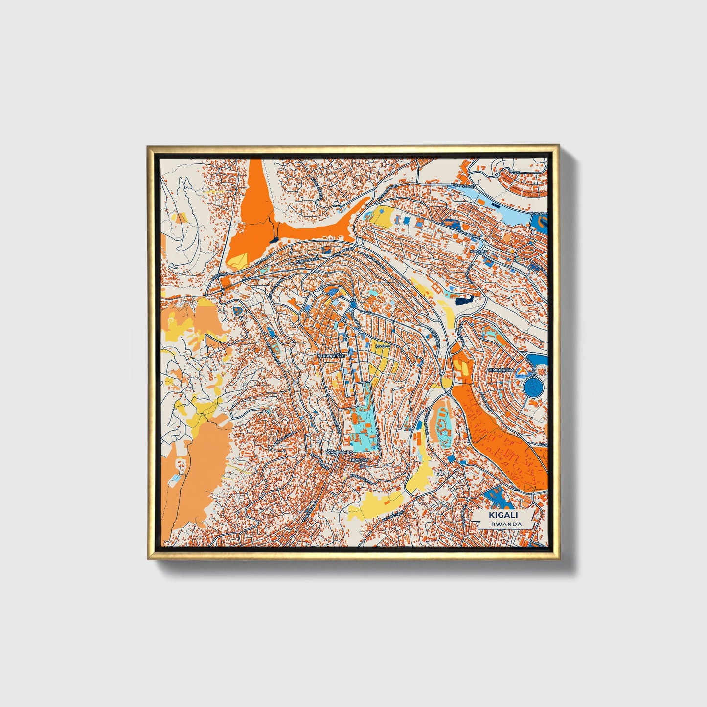 Kigali Rwanda Colorful City Map Canvas Print • Gold Framed
