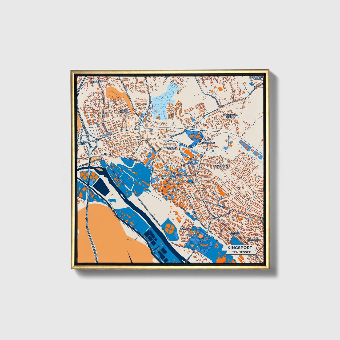 Kingsport Tennessee Colorful City Map Canvas Print • Gold Framed