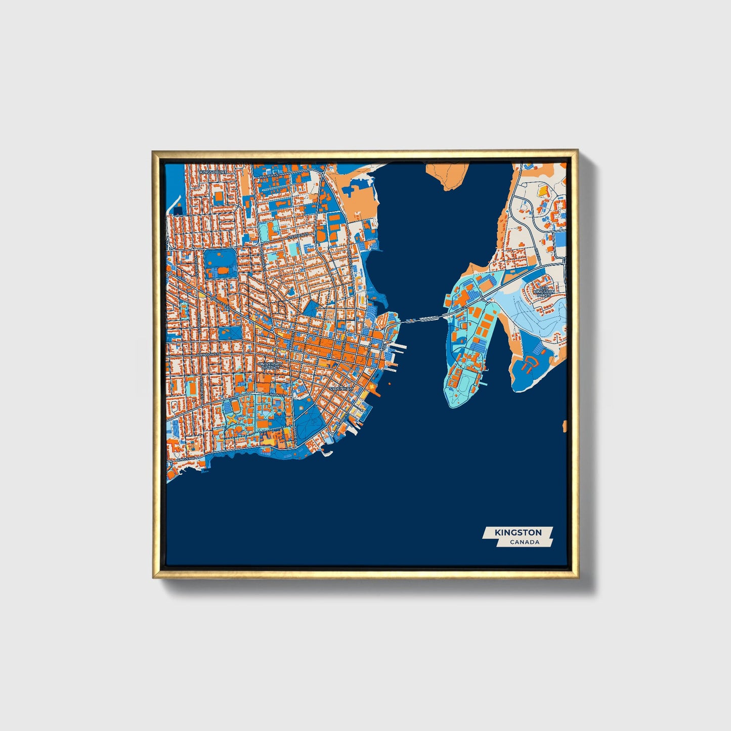 Kingston Canada Colorful City Map Canvas Print • Gold Framed