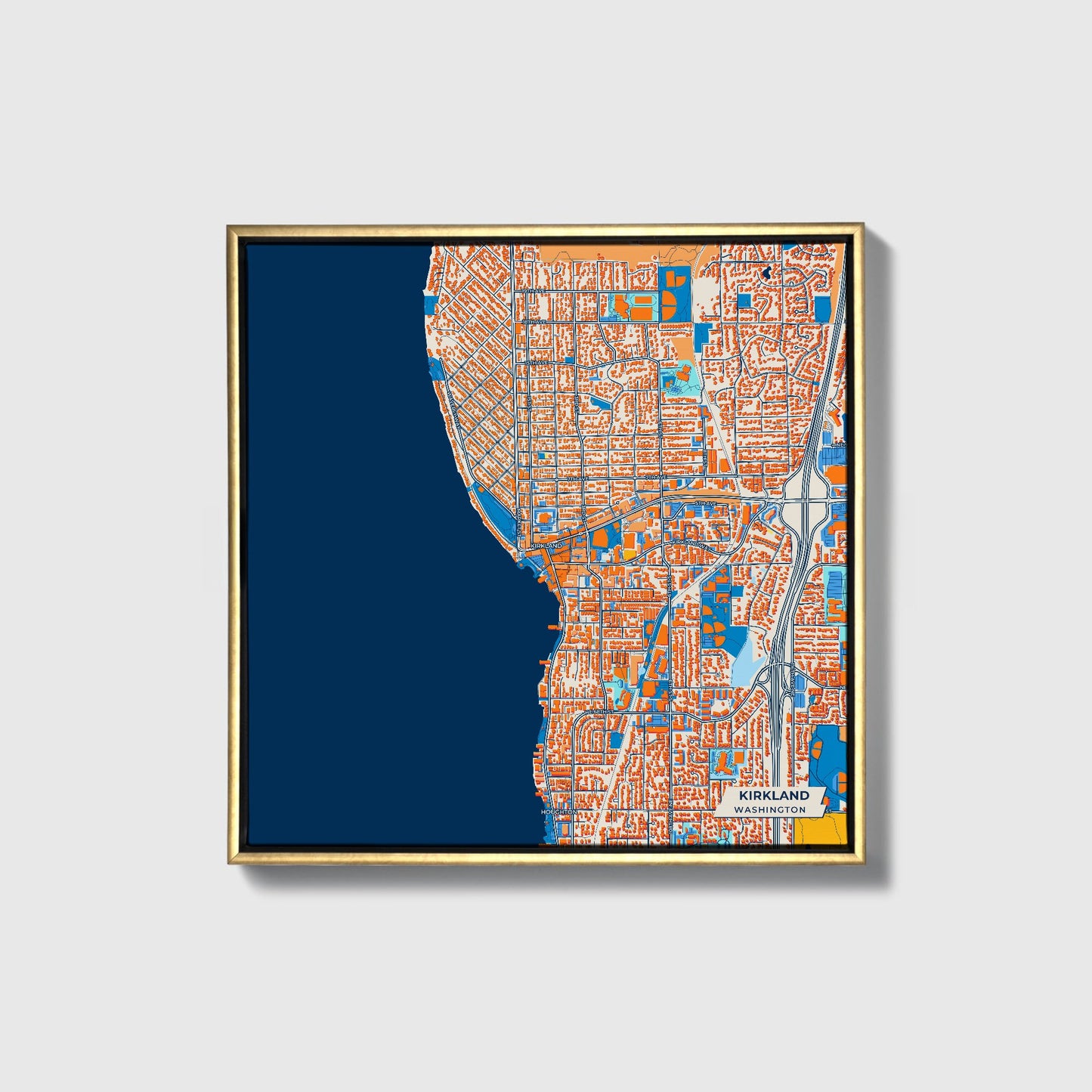 Kirkland Washington Colorful City Map Canvas Print • Gold Framed