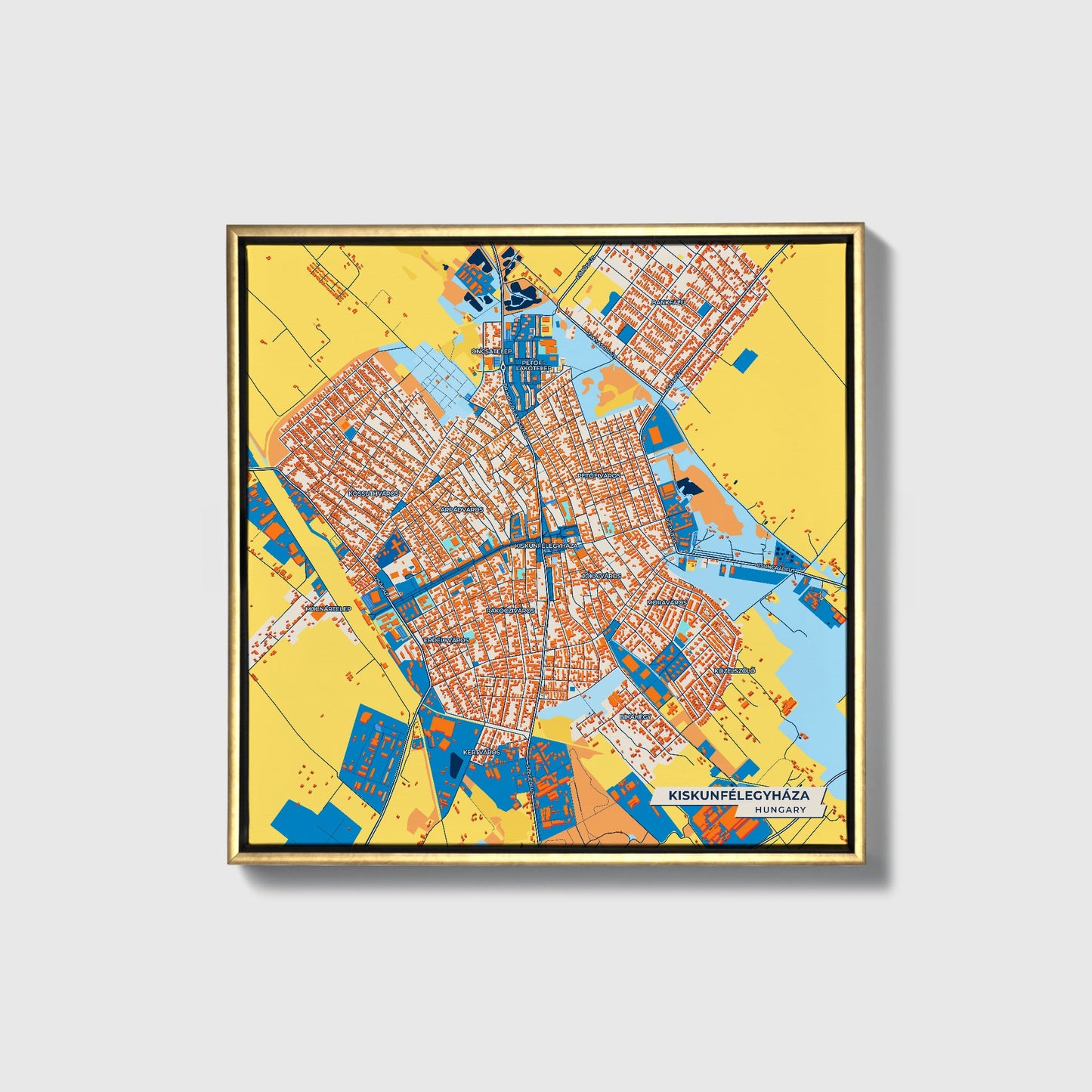 Kiskunfélegyháza Hungary Colorful City Map Canvas Print • Gold Framed