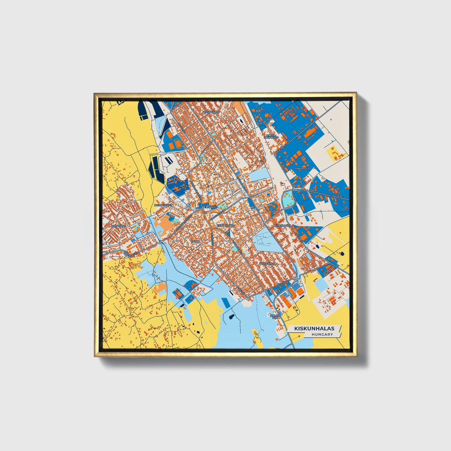 Kiskunhalas Hungary Colorful City Map Canvas Print • Gold Framed