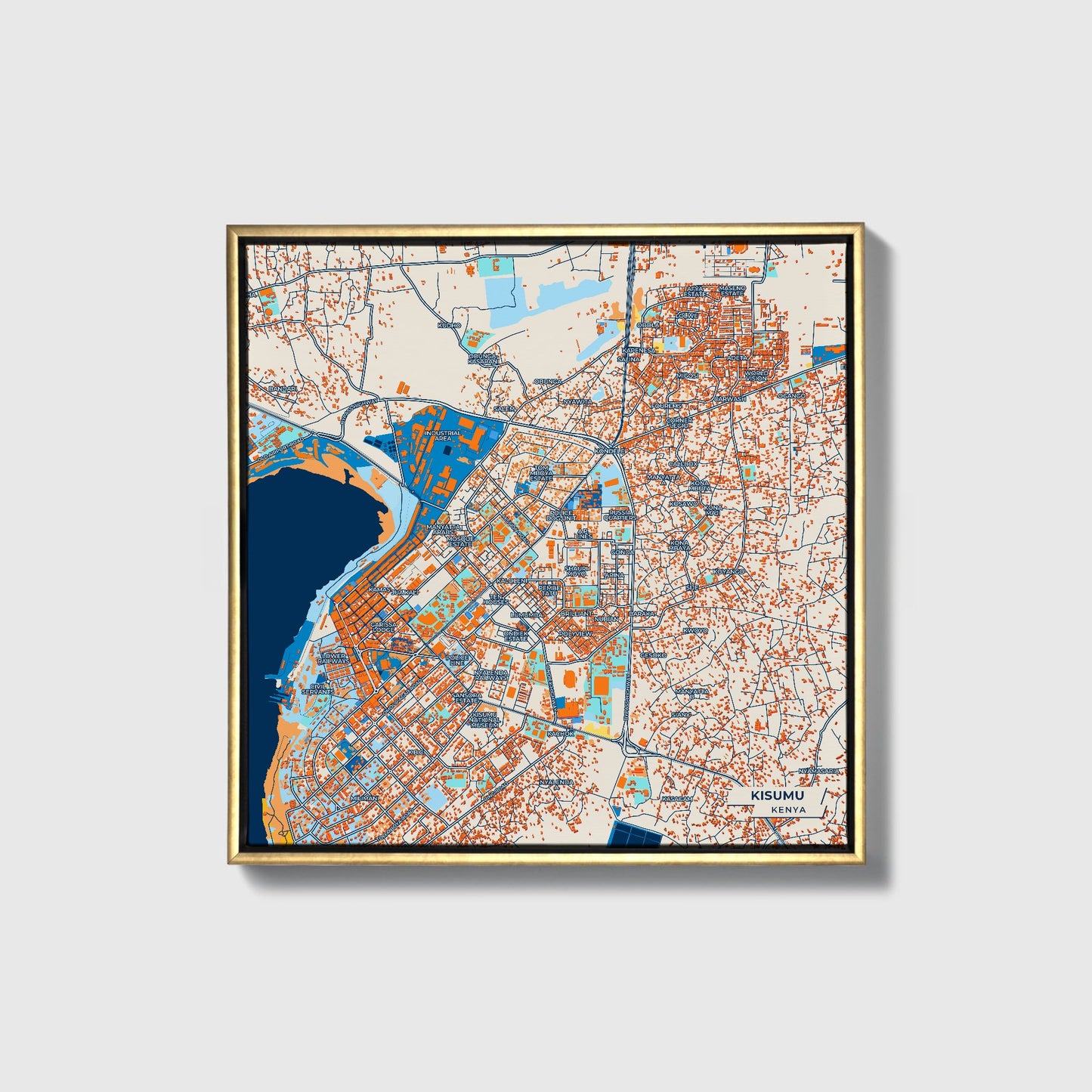 Kisumu Kenya Colorful City Map Canvas Print • Gold Framed