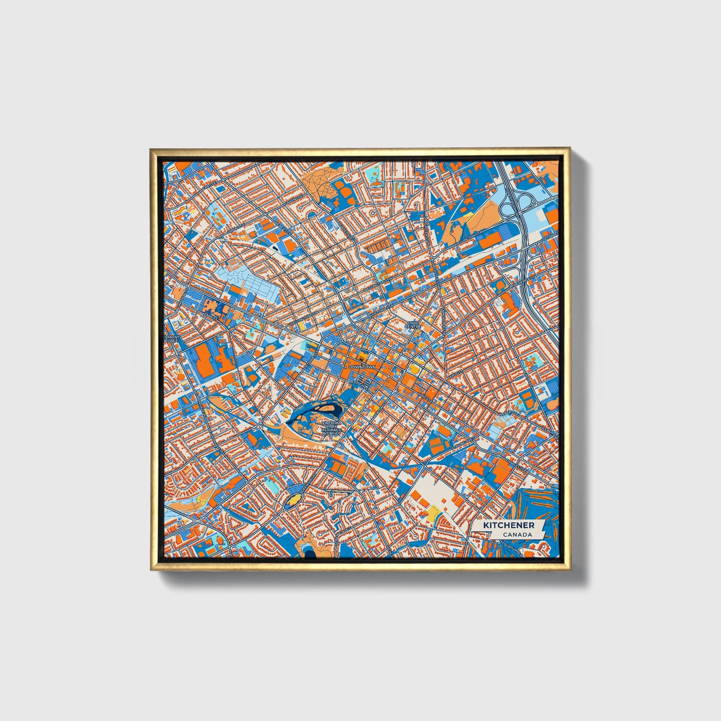 Kitchener Canada Colorful City Map Canvas Print • Gold Framed