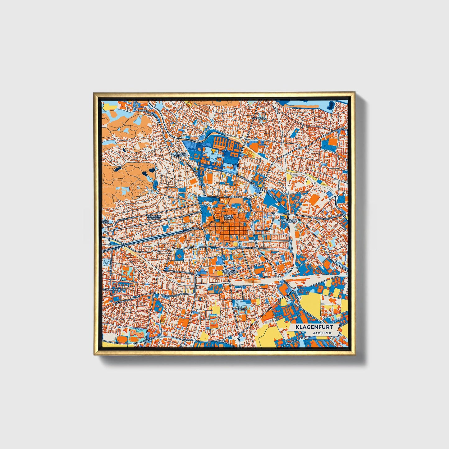 Klagenfurt Austria Colorful City Map Canvas Print • Gold Framed