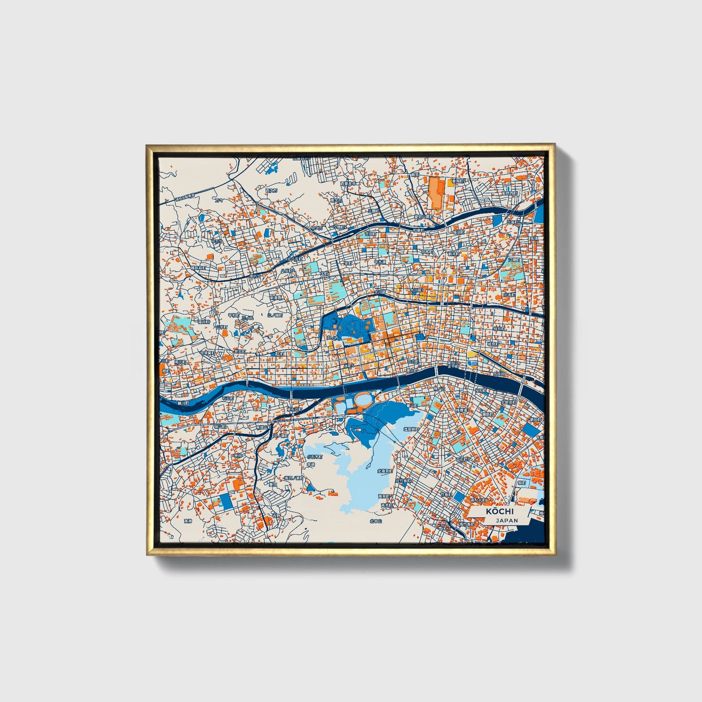 Kōchi Japan Colorful City Map Canvas Print • Gold Framed