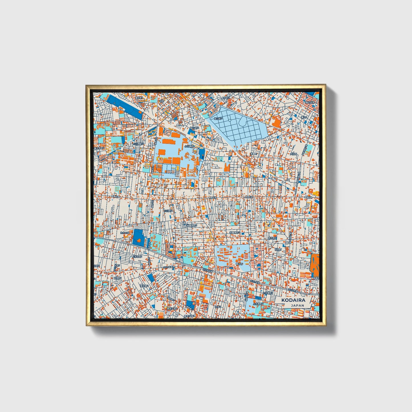 Kodaira Japan Colorful City Map Canvas Print • Gold Framed