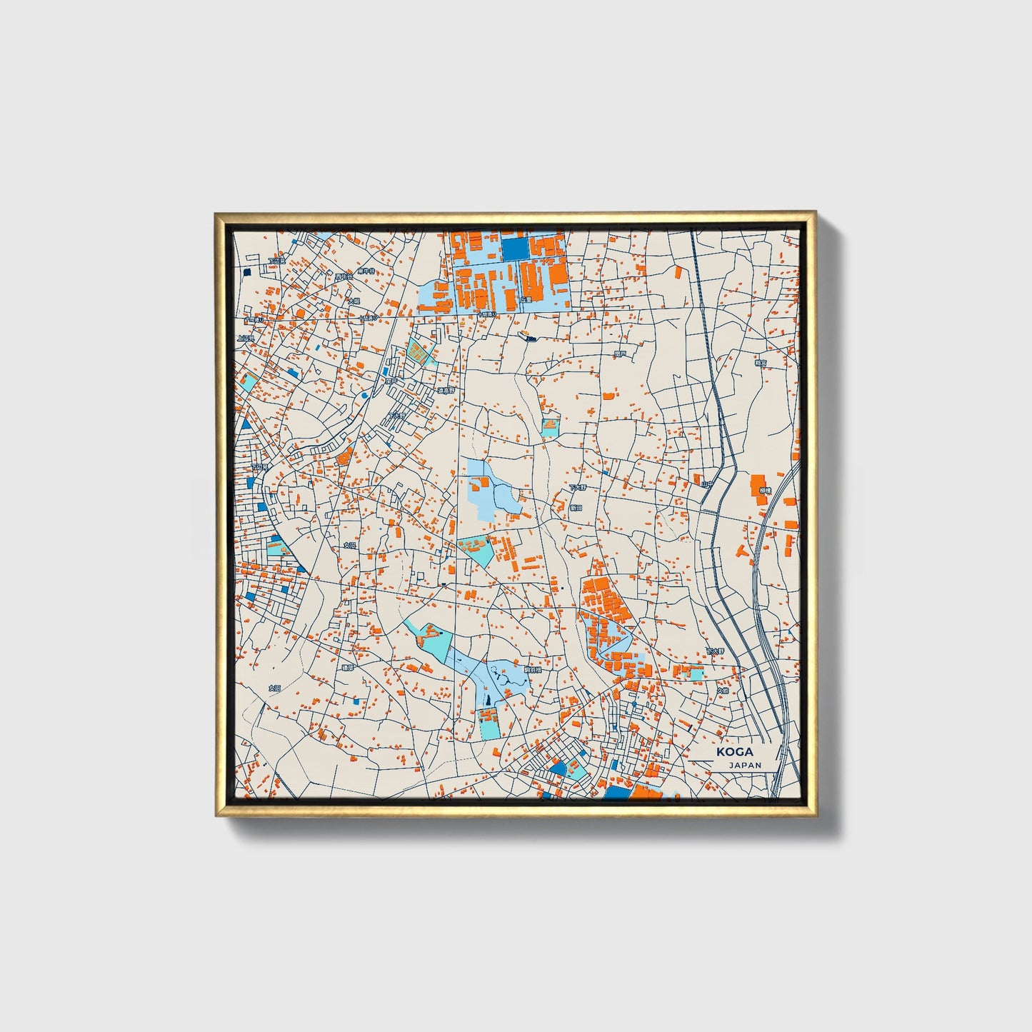 Koga Japan Colorful City Map Canvas Print • Gold Framed
