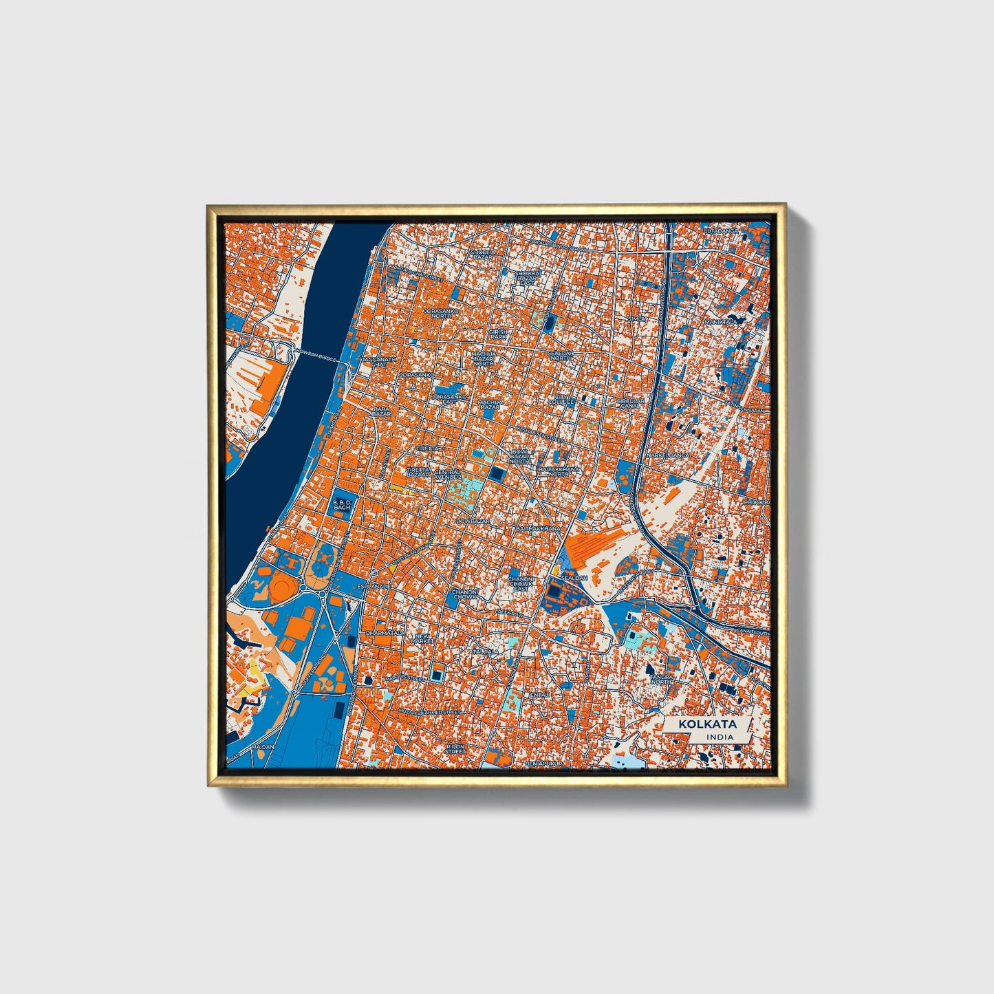 Kolkata India Colorful City Map Canvas Print • Gold Framed