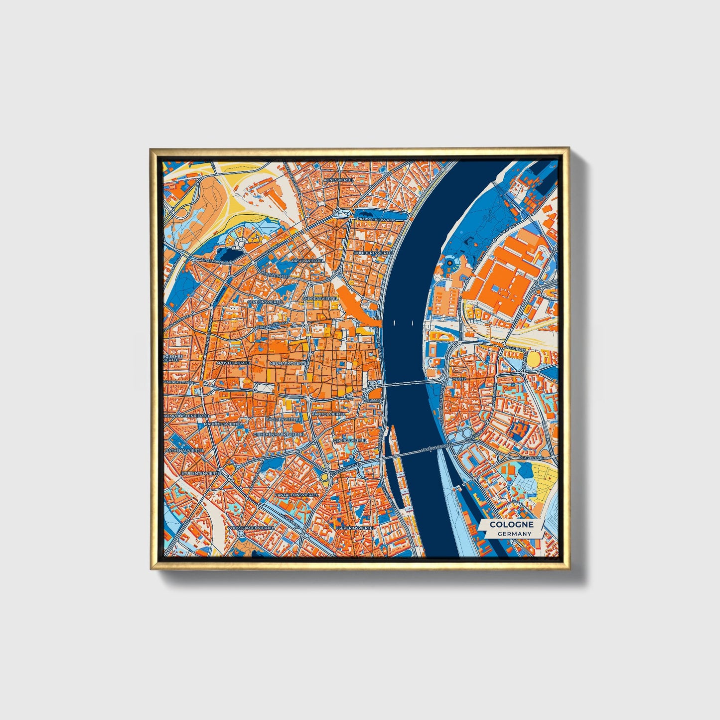 Köln Germany Colorful City Map Canvas Print • Gold Framed