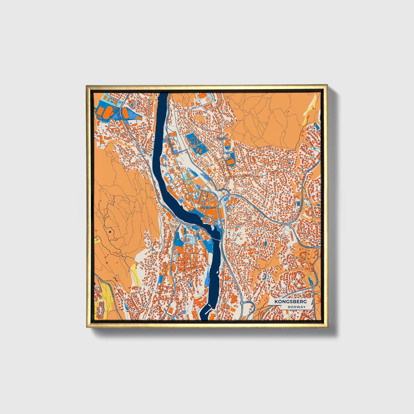 Kongsberg Norway Colorful City Map Canvas Print • Gold Framed